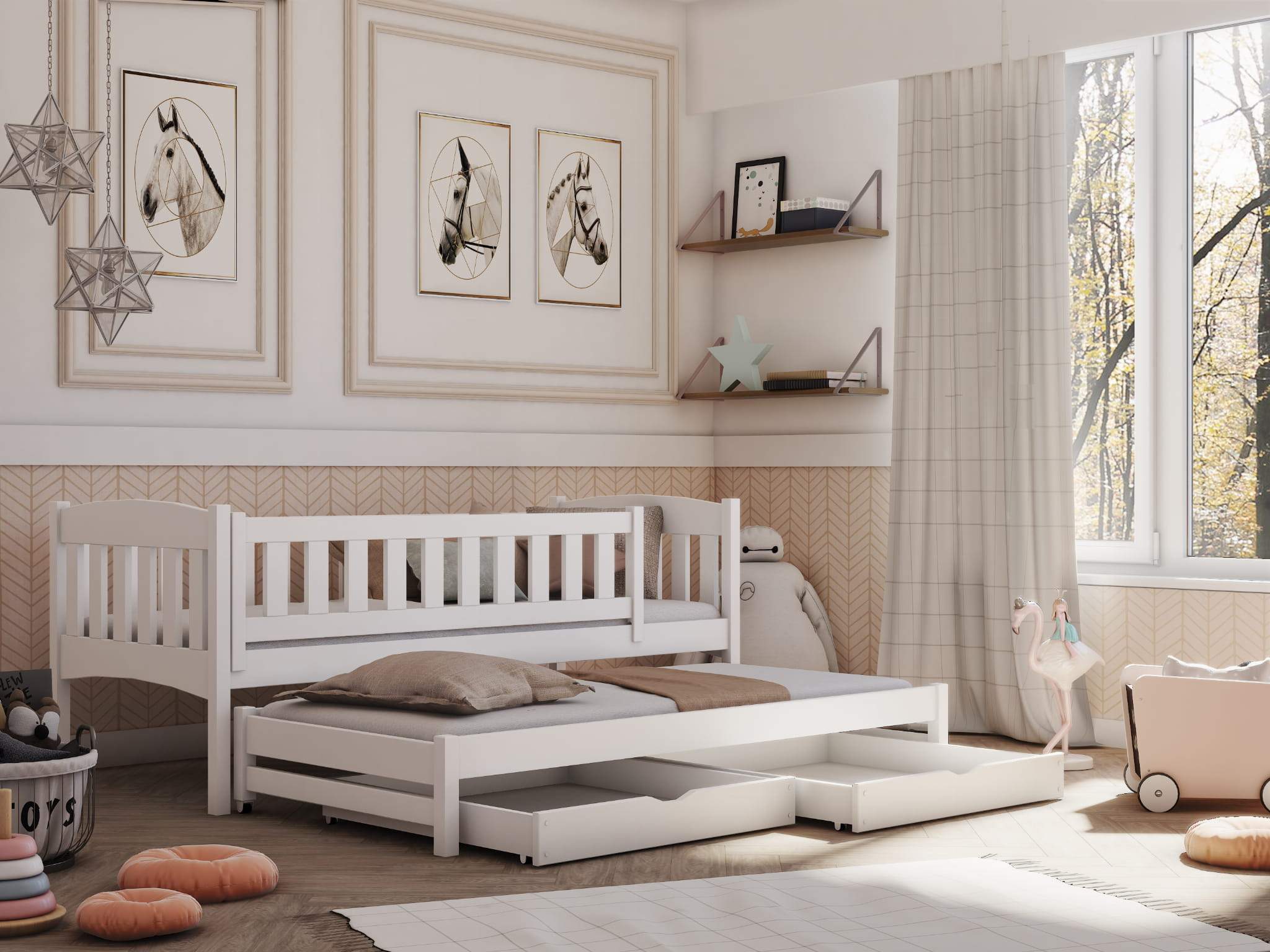 MALAIKA 2 Drawers Storage Wooden Double Bed with Trundle - White - Art Nest