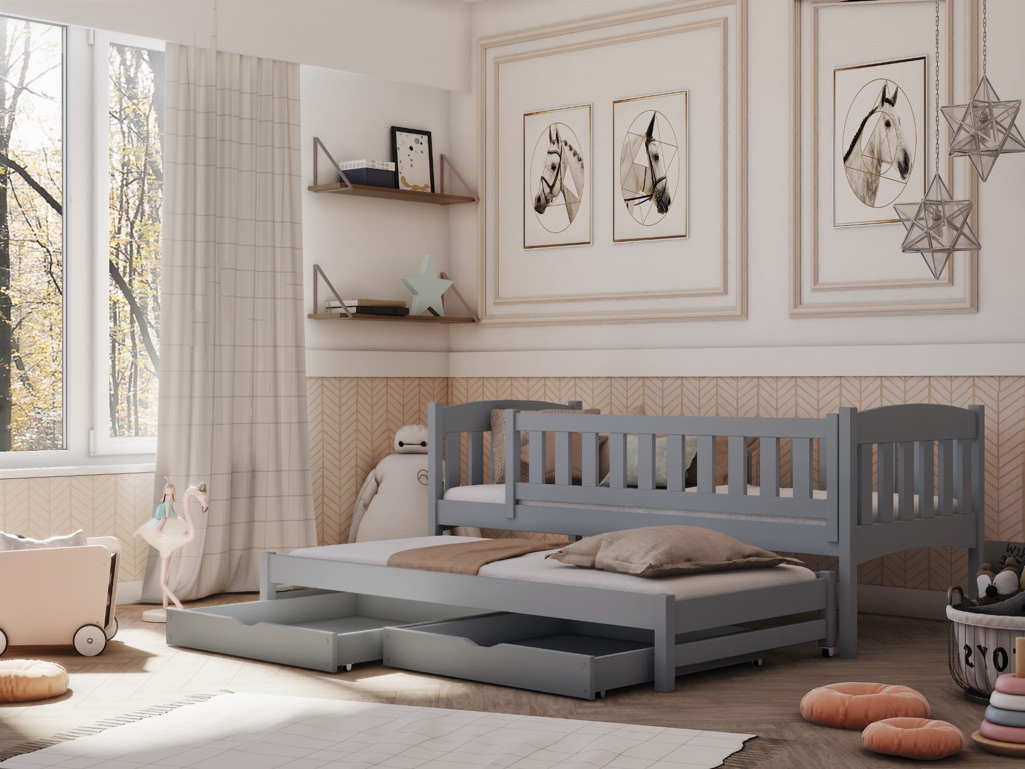 MALAIKA 2 Drawers Storage Wooden Double Bed with Trundle and Foam Mattress - Grey - Art Nest