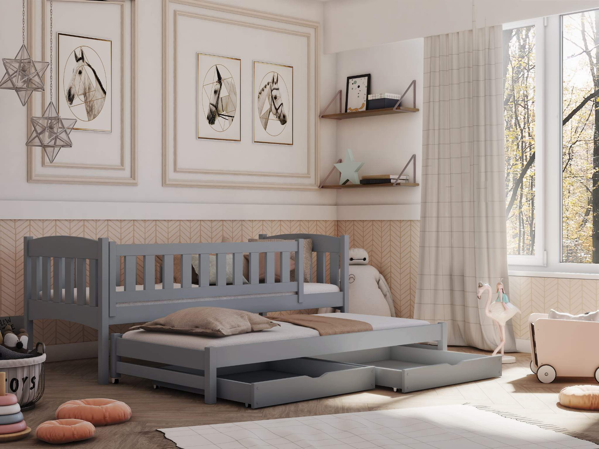 MALAIKA 2 Drawers Storage Wooden Double Bed with Trundle - Grey - Art Nest