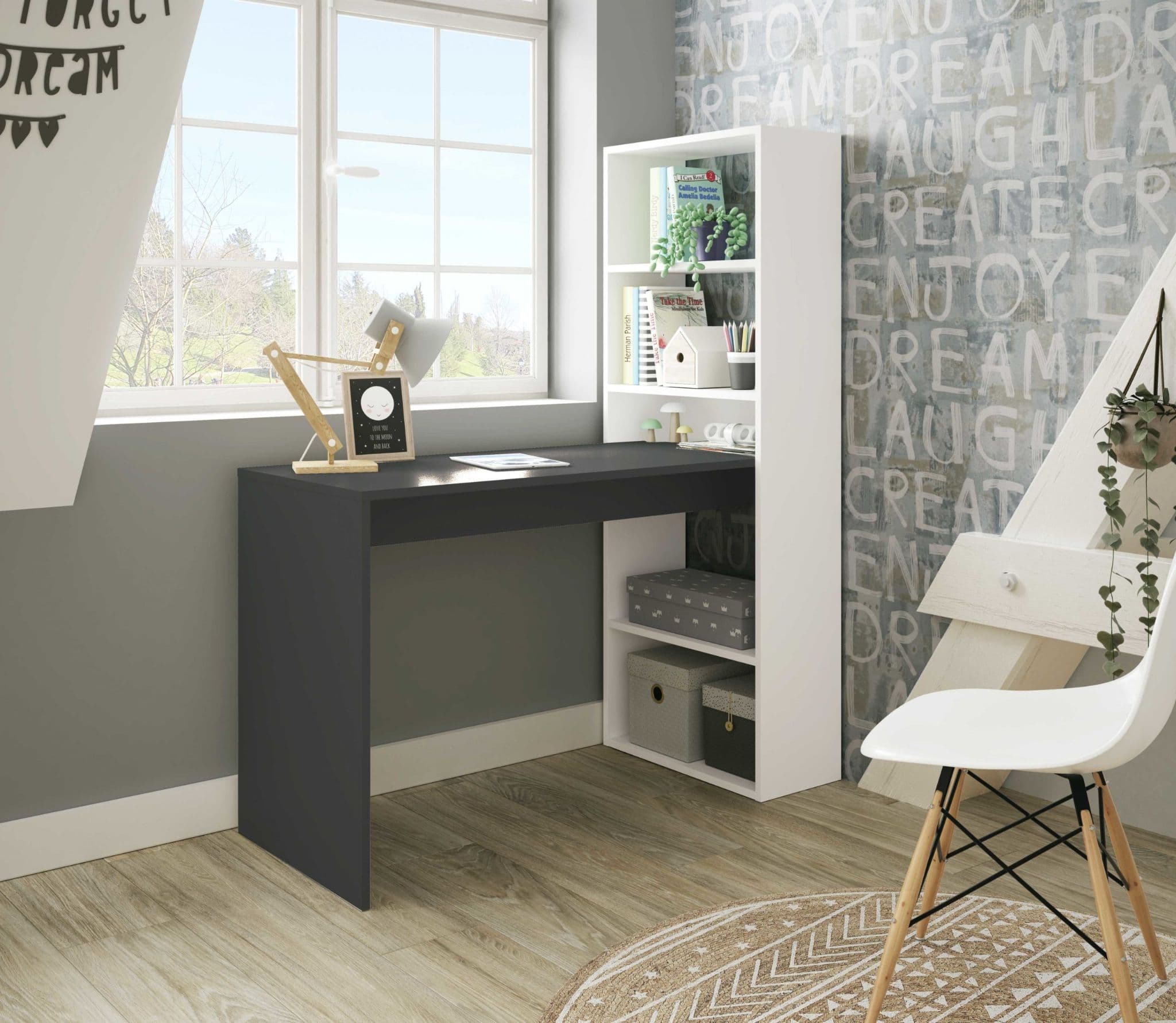 Riccardo White and Grey Effect Computer Desk Table with Bookcase - White - Dalton Home
