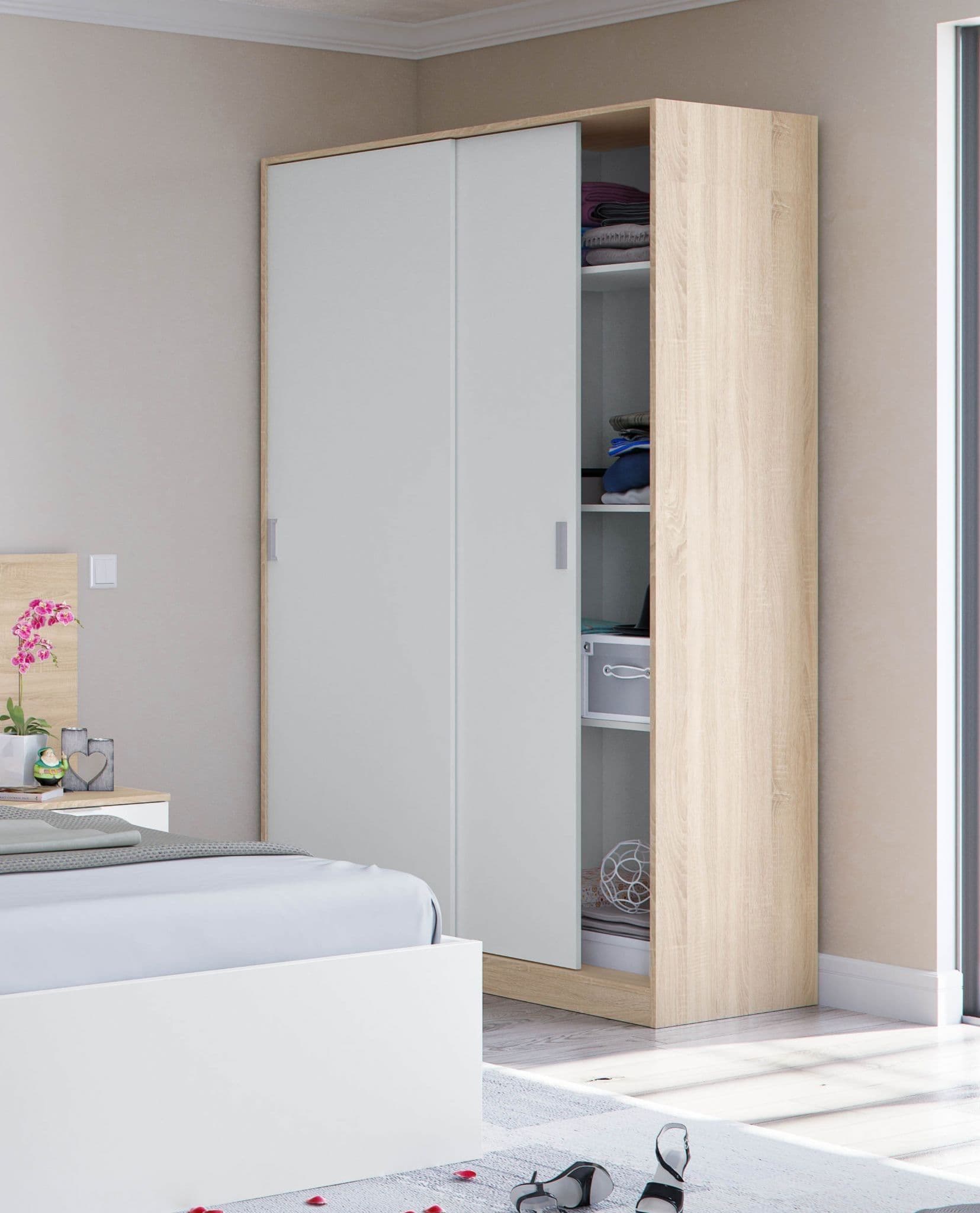 DIRHAM 2 Door Sliding Wardrobe White and Oak - 120cm - Dalton Home
