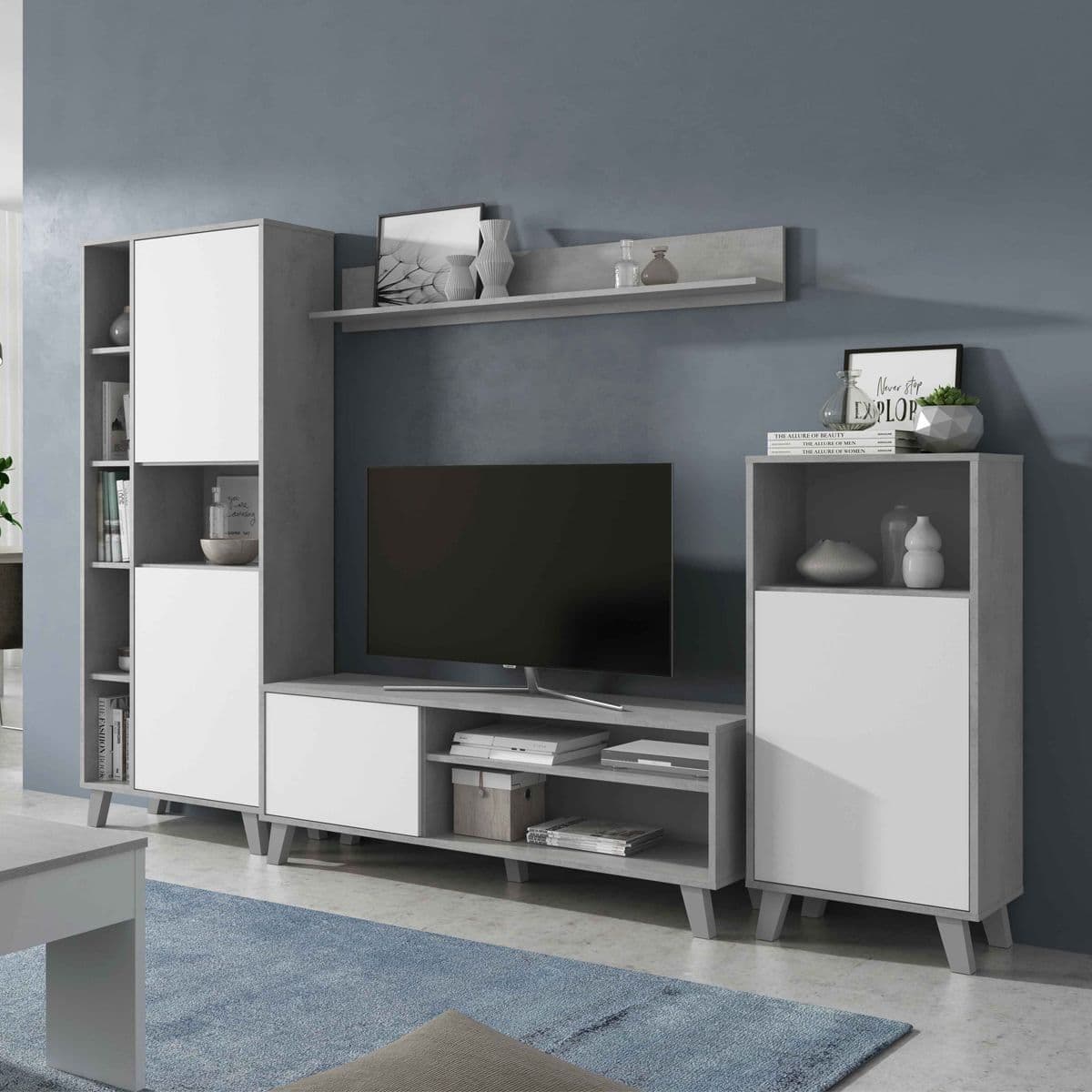 Eriksnova White And Concrete Grey Effect Large TV Entertainment Wall Unit Cabinet - White - Dalton Home