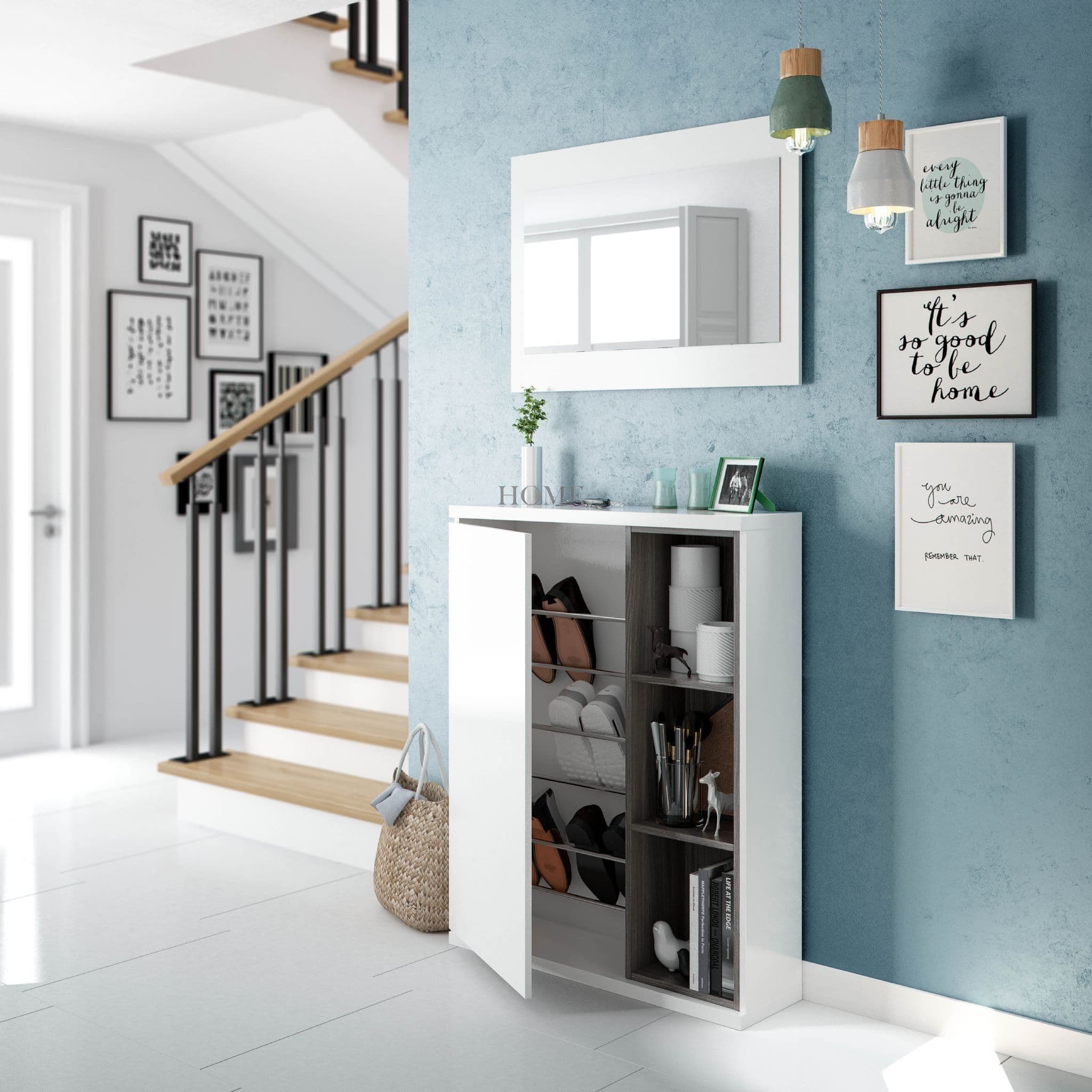 Neymarino White Gloss Shoe Cabinet Hallway Unit - White - Dalton Home