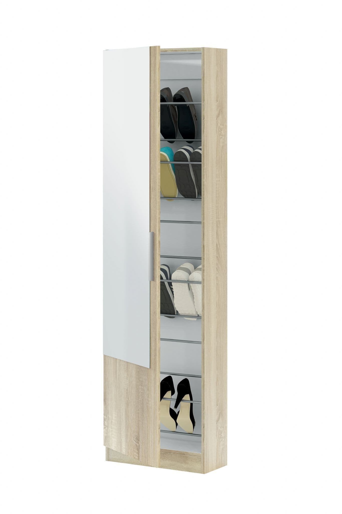 Giovannique Oak Effect Tall Shoe Cabinet 1 Mirrored Door 14-16 Pairs - Oak - Dalton Home
