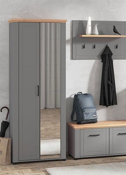 Wardrobe - HESTA 2 Door Mirrored Wardrobe Grey and Artisan Oak 75cm - Dalton Home