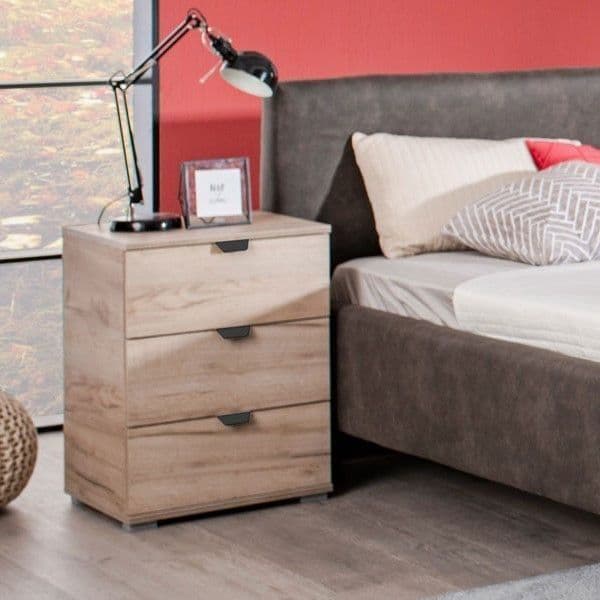 Bedside Table - HIGHAM 3 Drawer Nightstand Oak Effect 45cm - Dalton Home