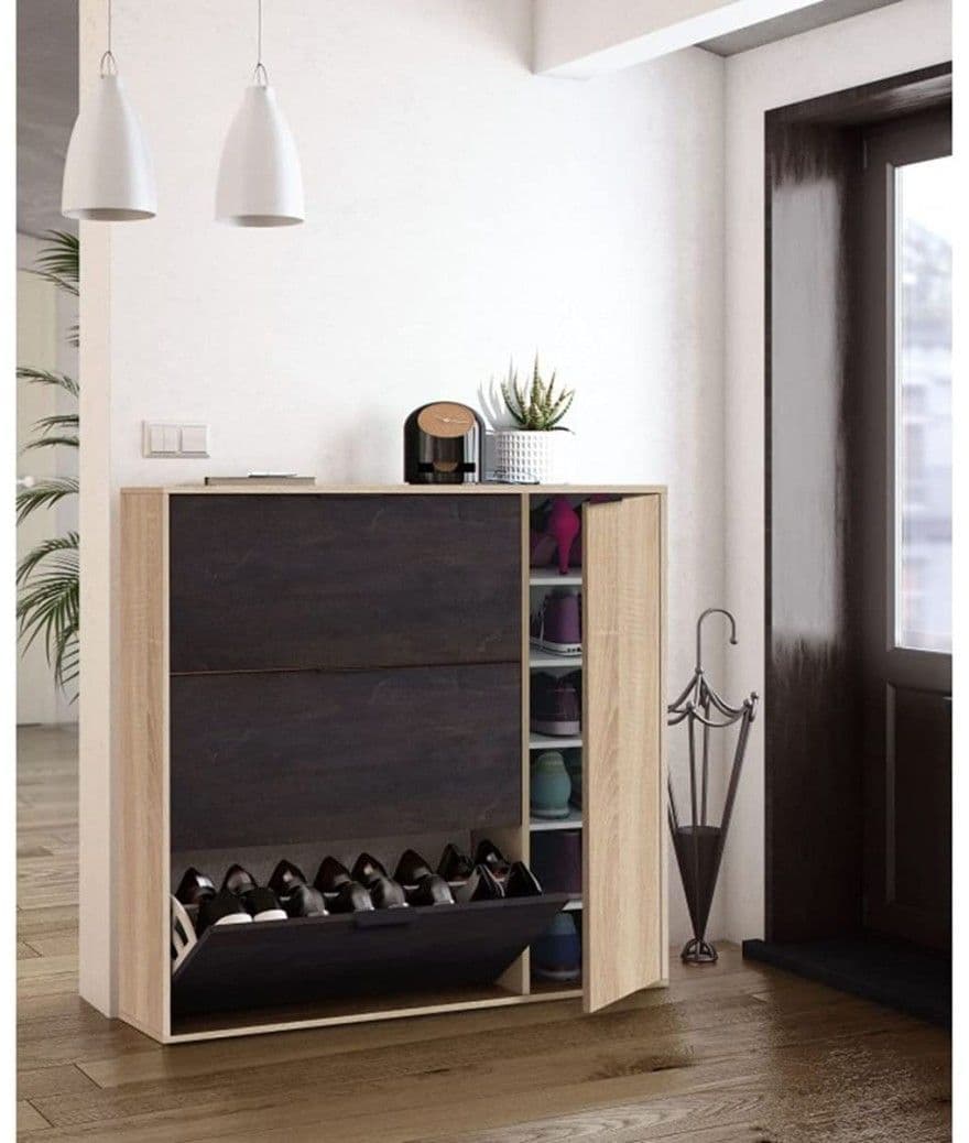 Pellegrinova Oak Effect And Oxido Dark Brown Shoe Cabinet with 4 Doors - Oak - Dalton Home