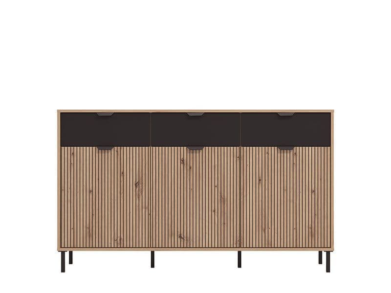 Martinova Artisan Oak Effect Slatted And Black 3 Door Sideboard - Oak - Dalton Home