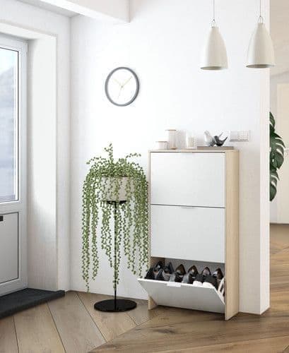 Alvaro White And Oak Effect Shoe Cabinet - White - Dalton Home