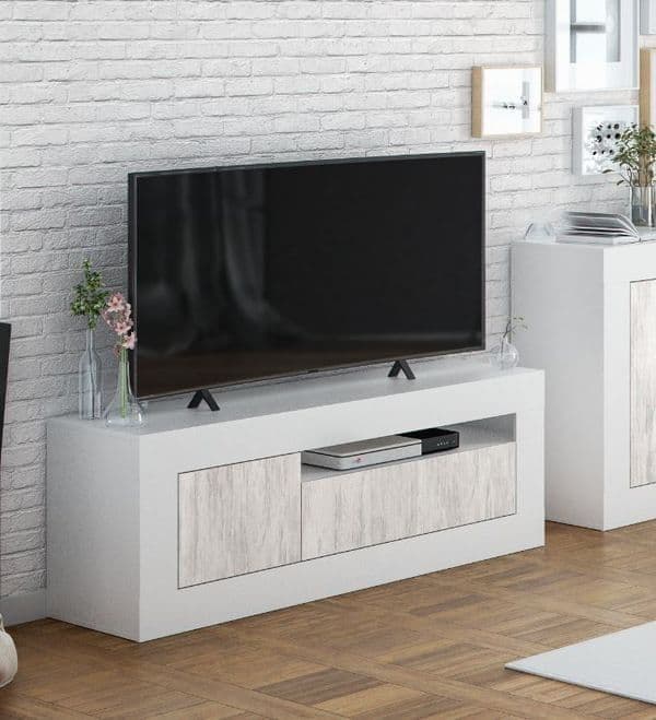 Tevezio White And Wood Effect TV Unit - White - Dalton Home