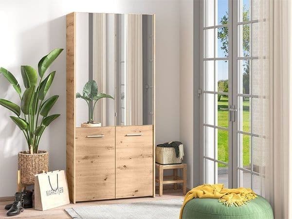 Osakalupe Oak Effect Mirrored Door 50 Pair Large Shoe Cabinet Cupboard - Oak - Dalton Home