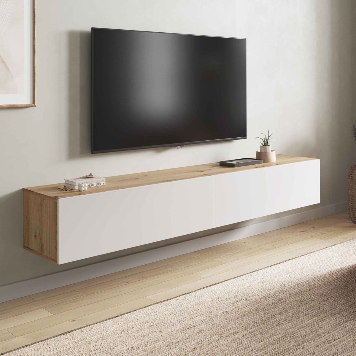 Salvadoris Nordic Oak Effect And White Wall Mounted Floating Wide Large TV Unit - Oak - Dalton Home