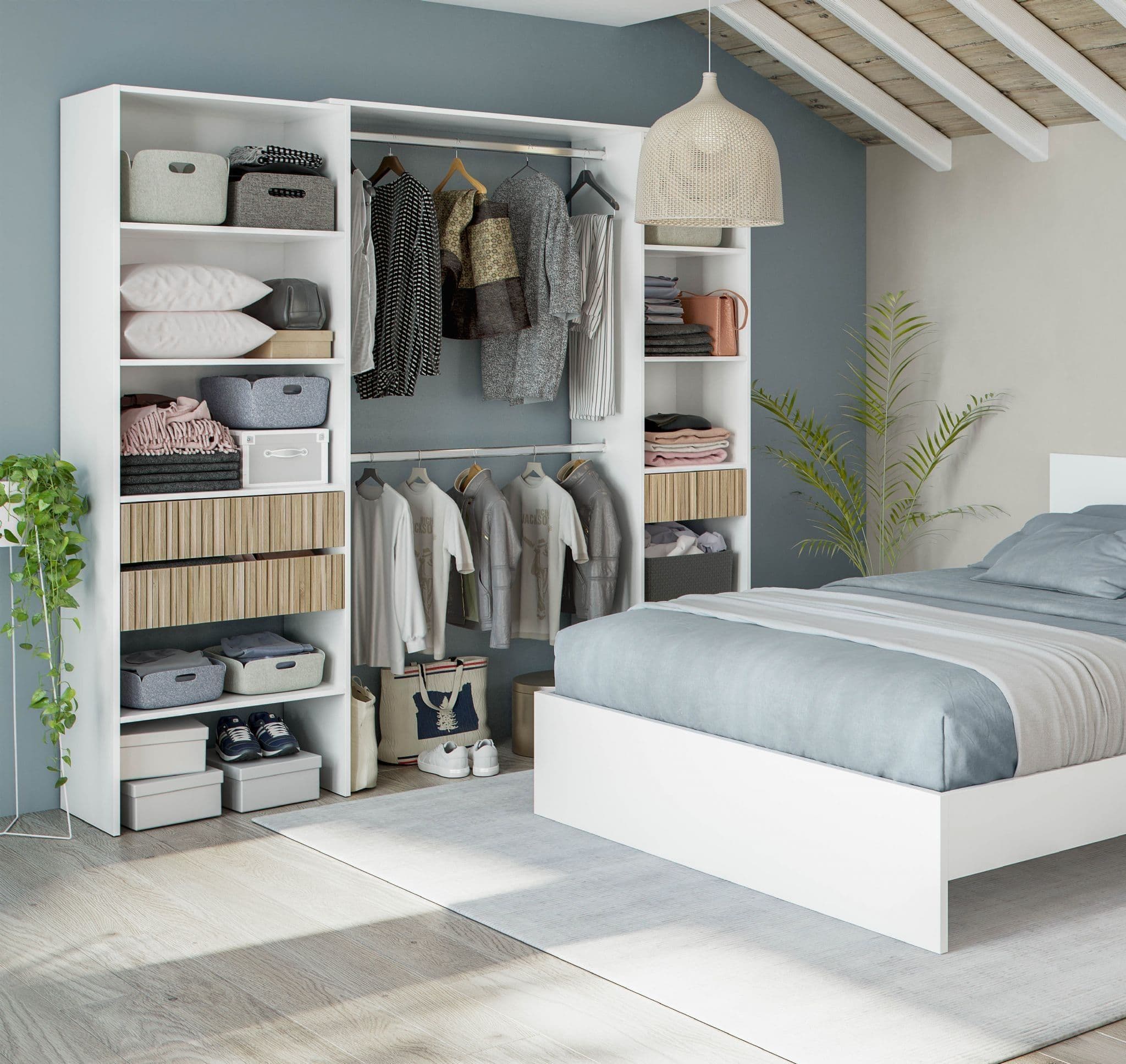 Salvadoris Natural Oak Effect and White Open Door Wardrobe With Shelves And Rail - Oak - Dalton Home