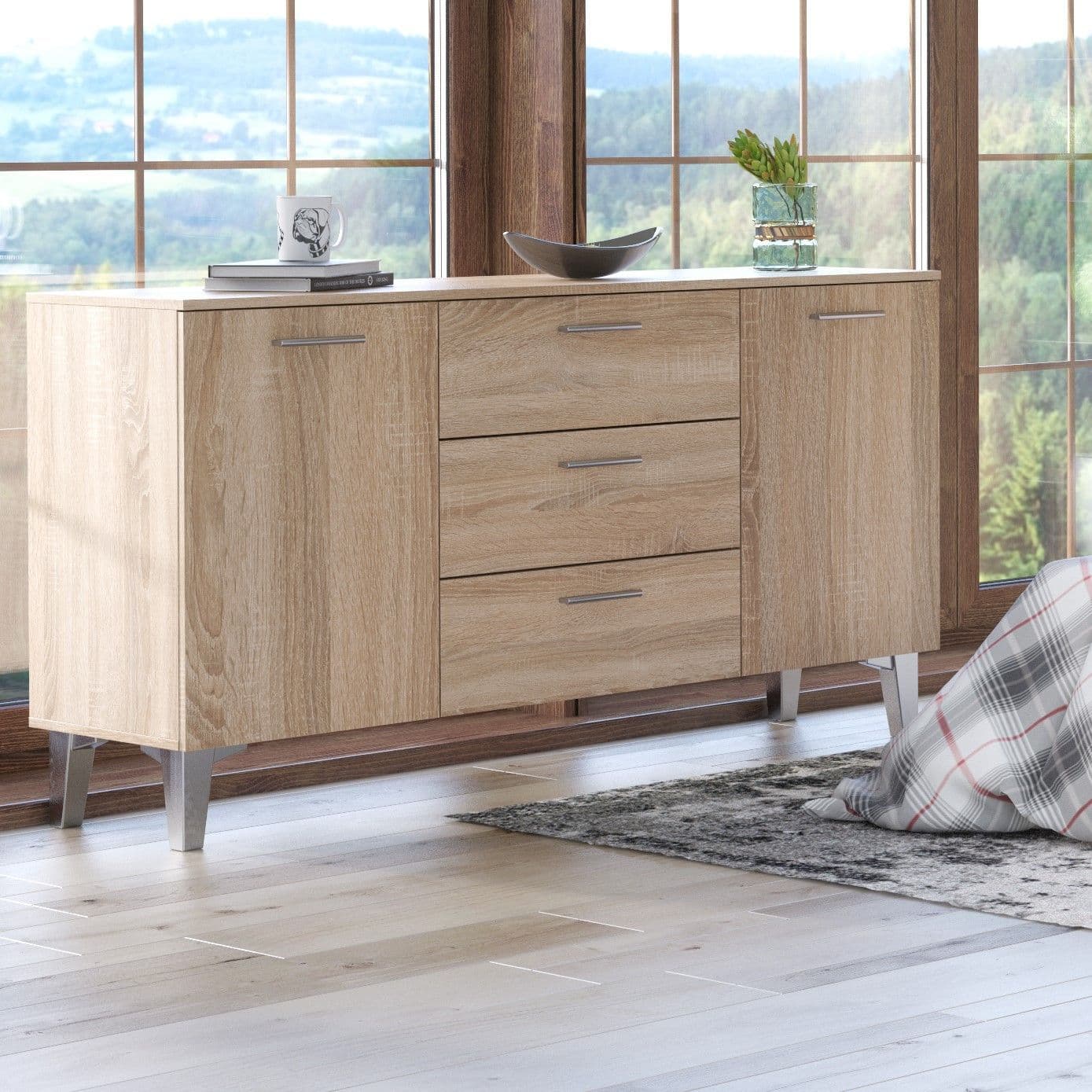 SARNIA Sonoma Oak Effect Large Wide 2 Door 3 Drawer Sideboard - Oak - Dalton Home