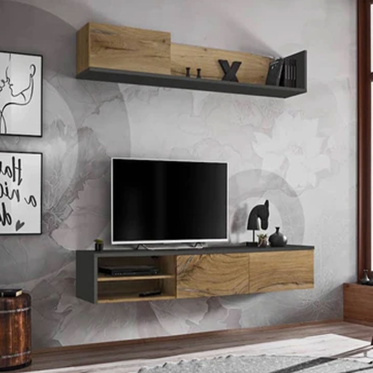 Pantheon Haven TV Entertainment Unit with 2 Open Compartments - Anthracite and Oak - Art Nest
