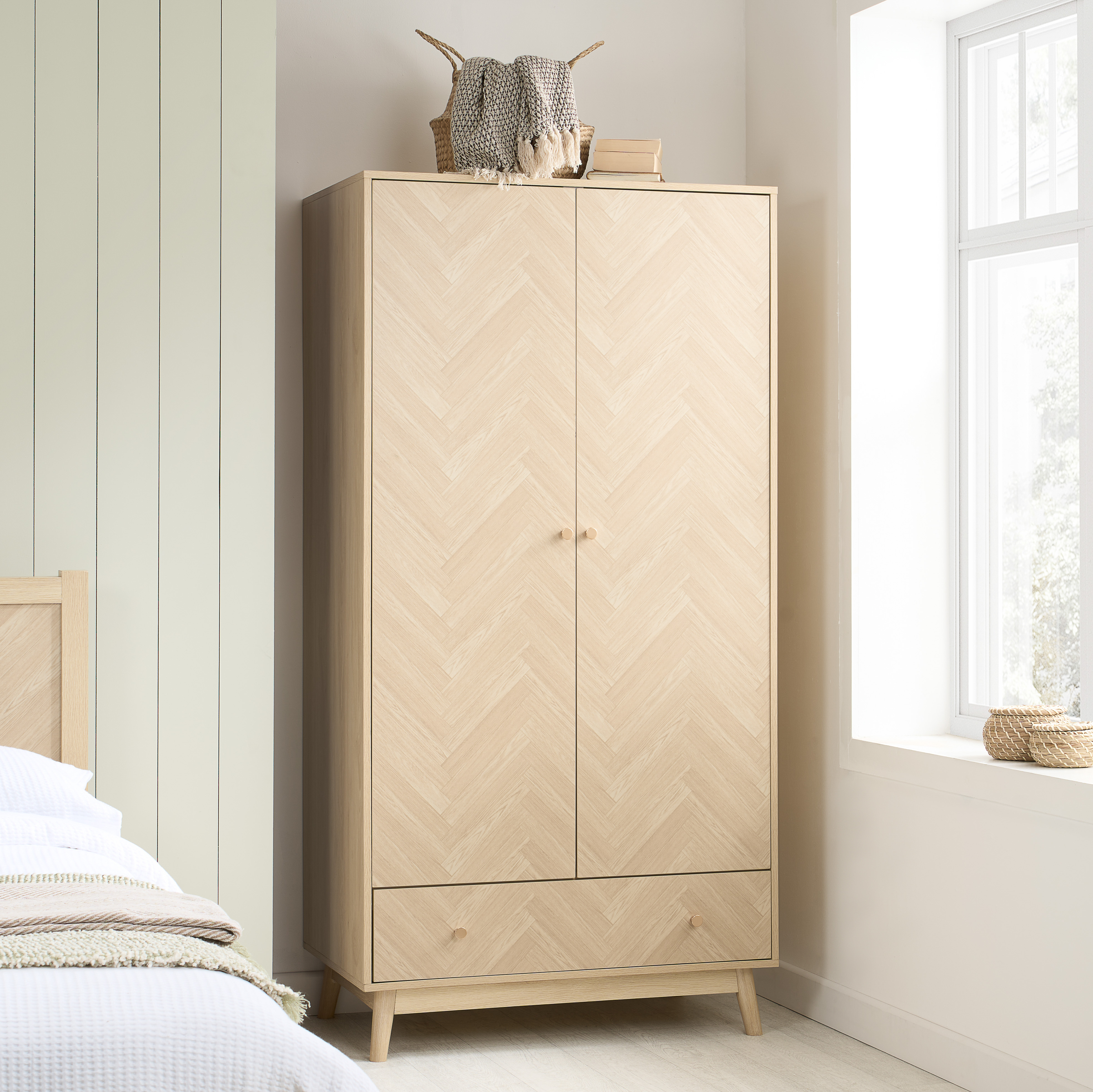 HEARTHEN 2 Door 1 Drawer Wardrobe Light Oak - 90cm - Birlea Essentials