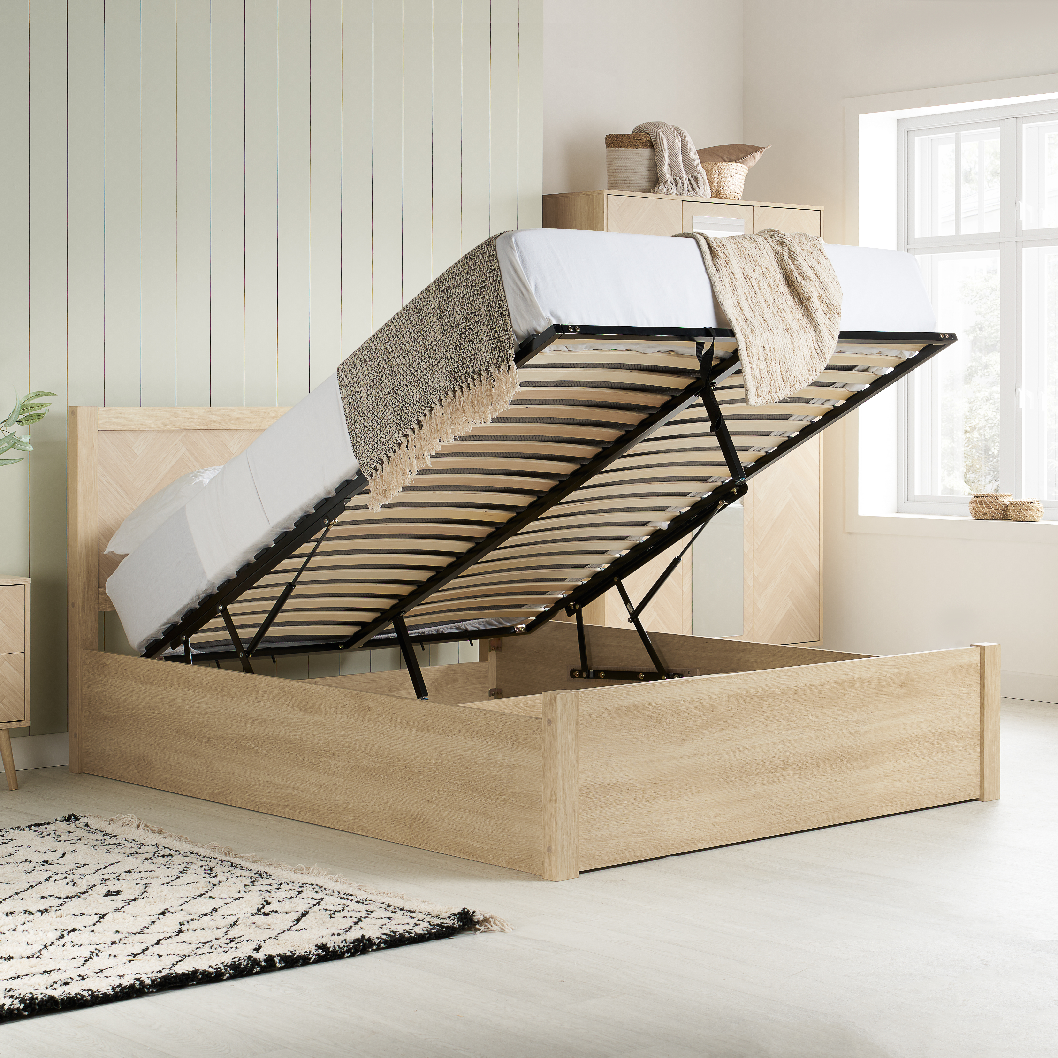 HEARTHEN Double Wooden Ottoman Storage Bedframe - Light Oak - Birlea Essentials