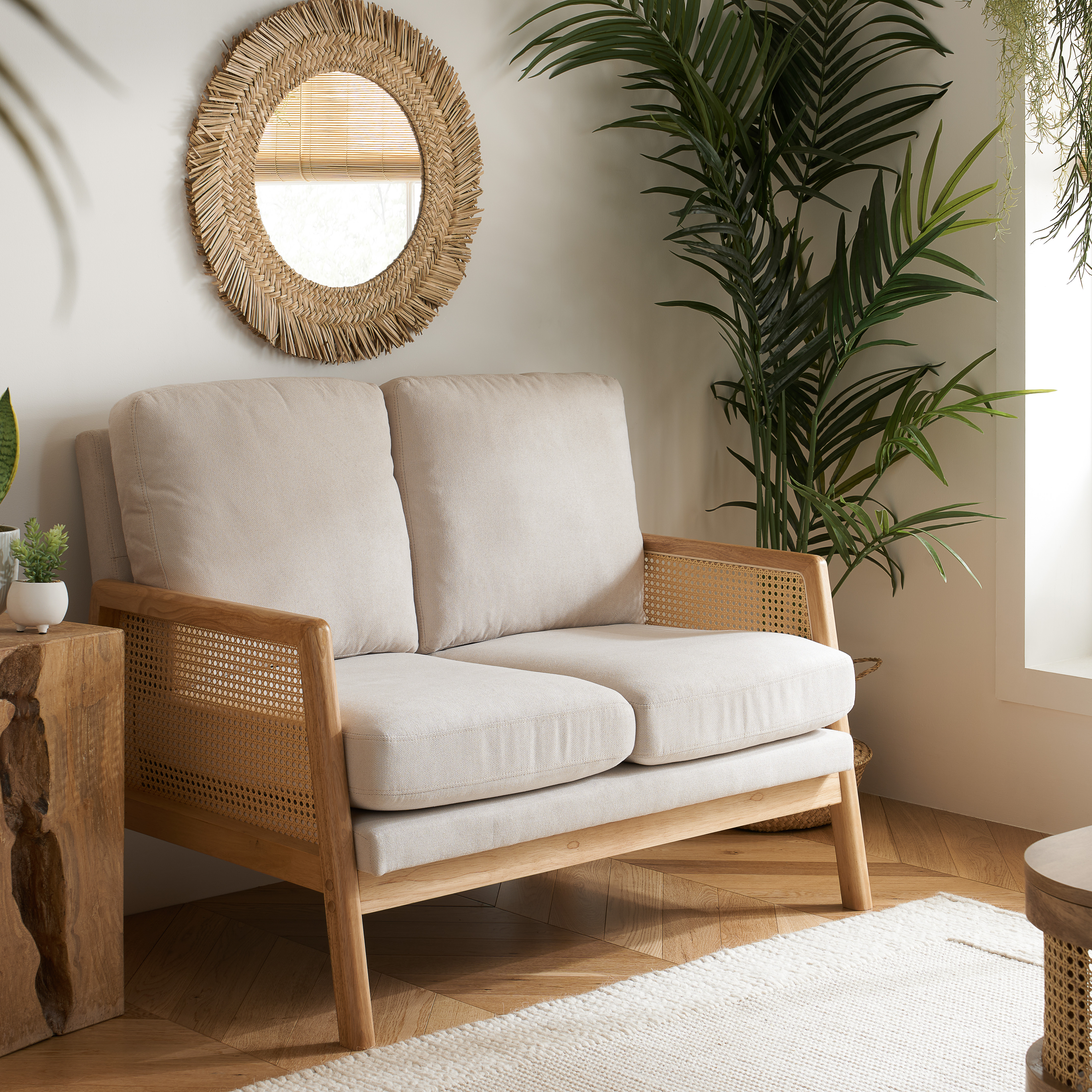ISERA Fabric 2 Seater Rattan Sofa - White with Light Oak - Birlea Essentials