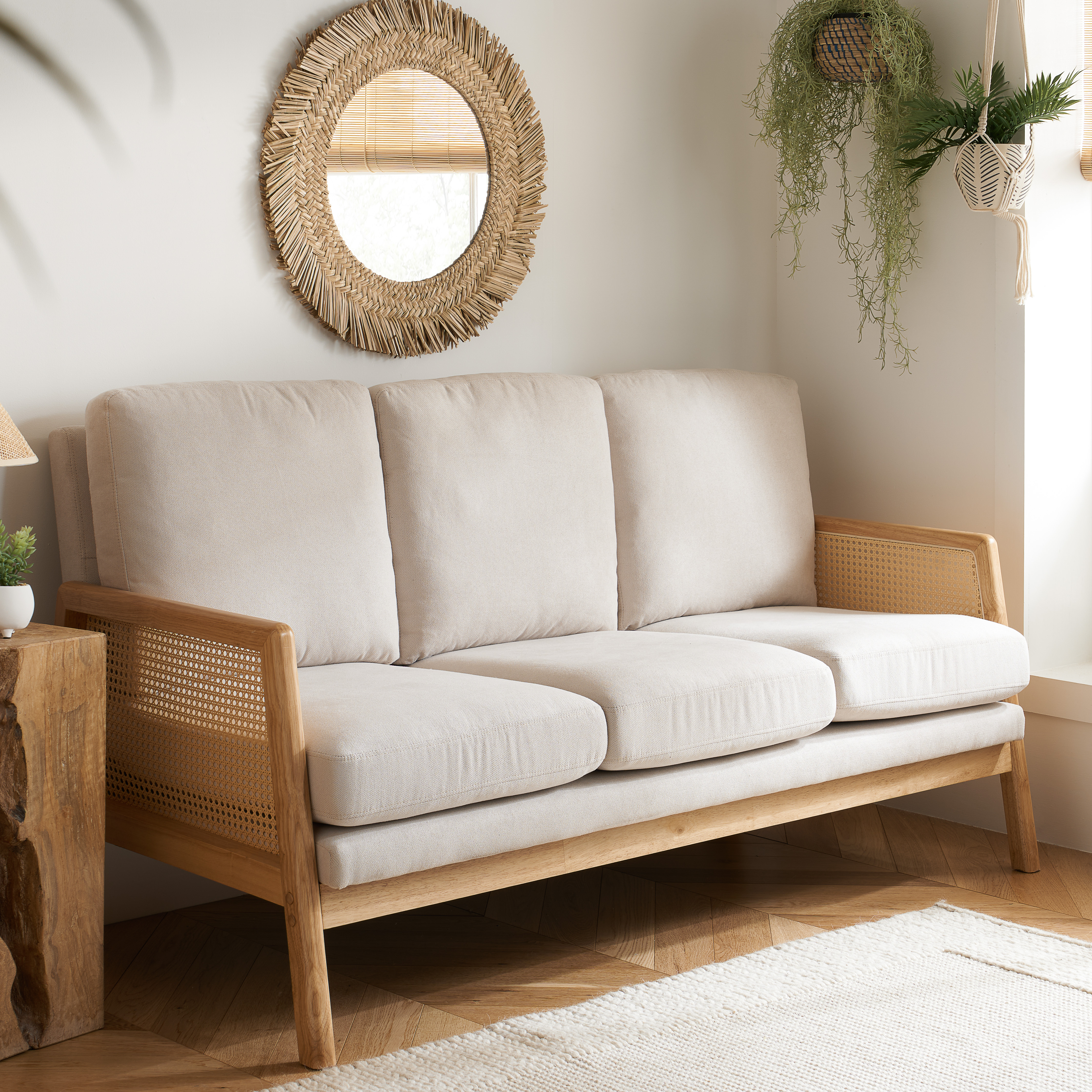 ISERA Fabric 3 Seater Rattan Sofa - White with Light Oak - Birlea Essentials