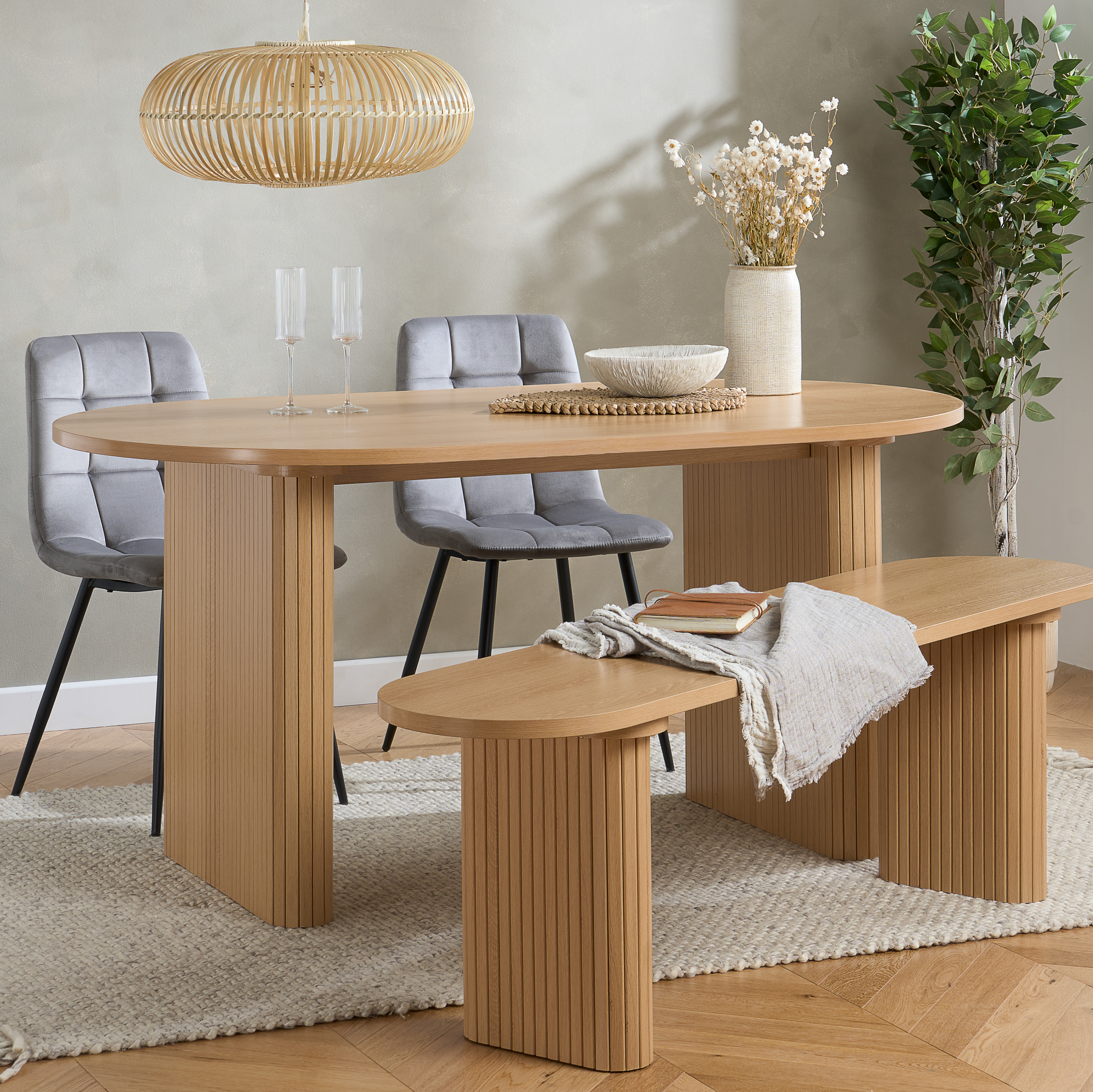 AUREN Fluted Oval Dining Table with 2 Chairs and Bench - Oak - Birlea Essentials