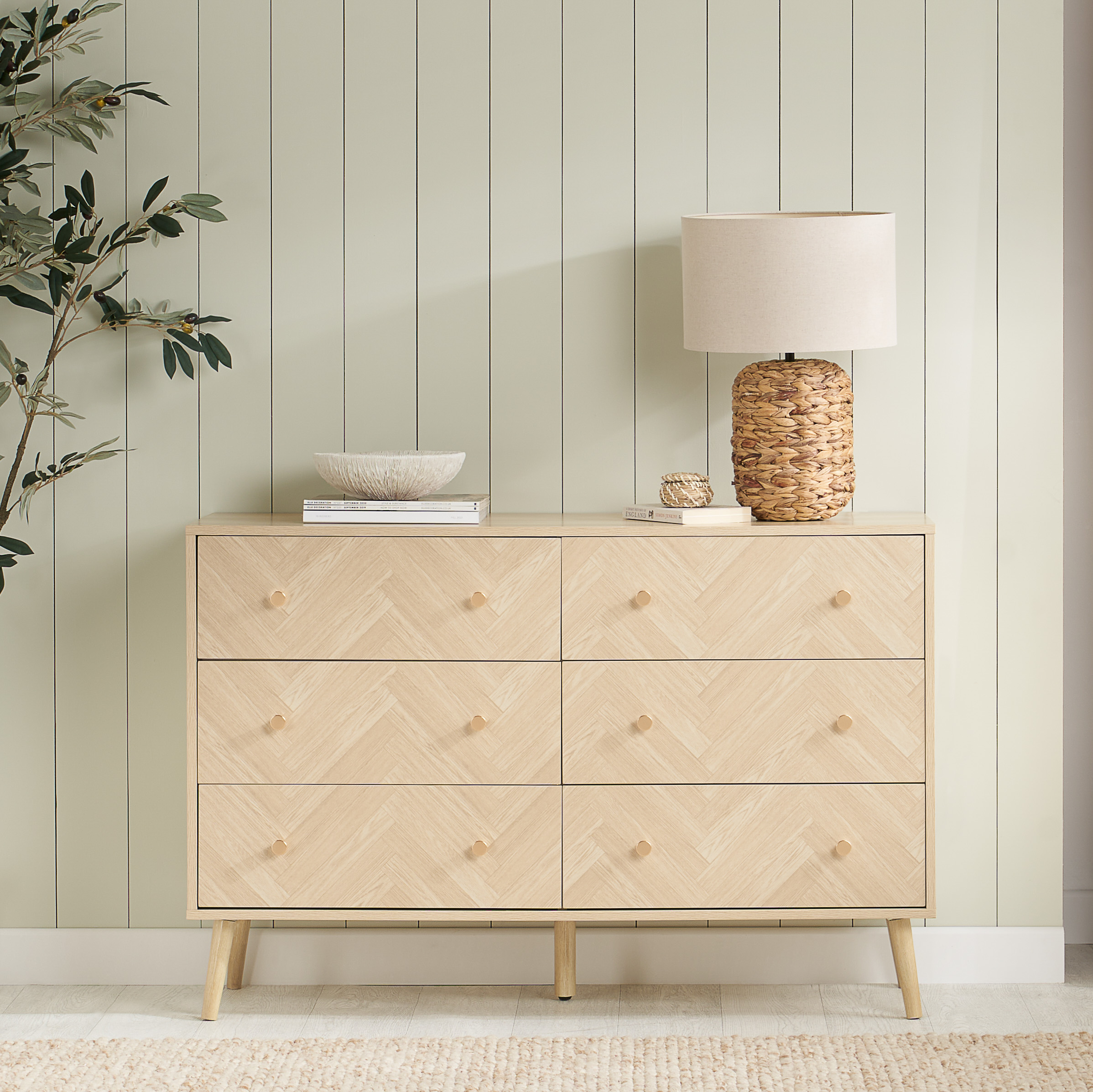 HEARTHEN Oak Finish Chest of Drawers - Large-sized, 6 Drawers, Double - Birlea Essentials