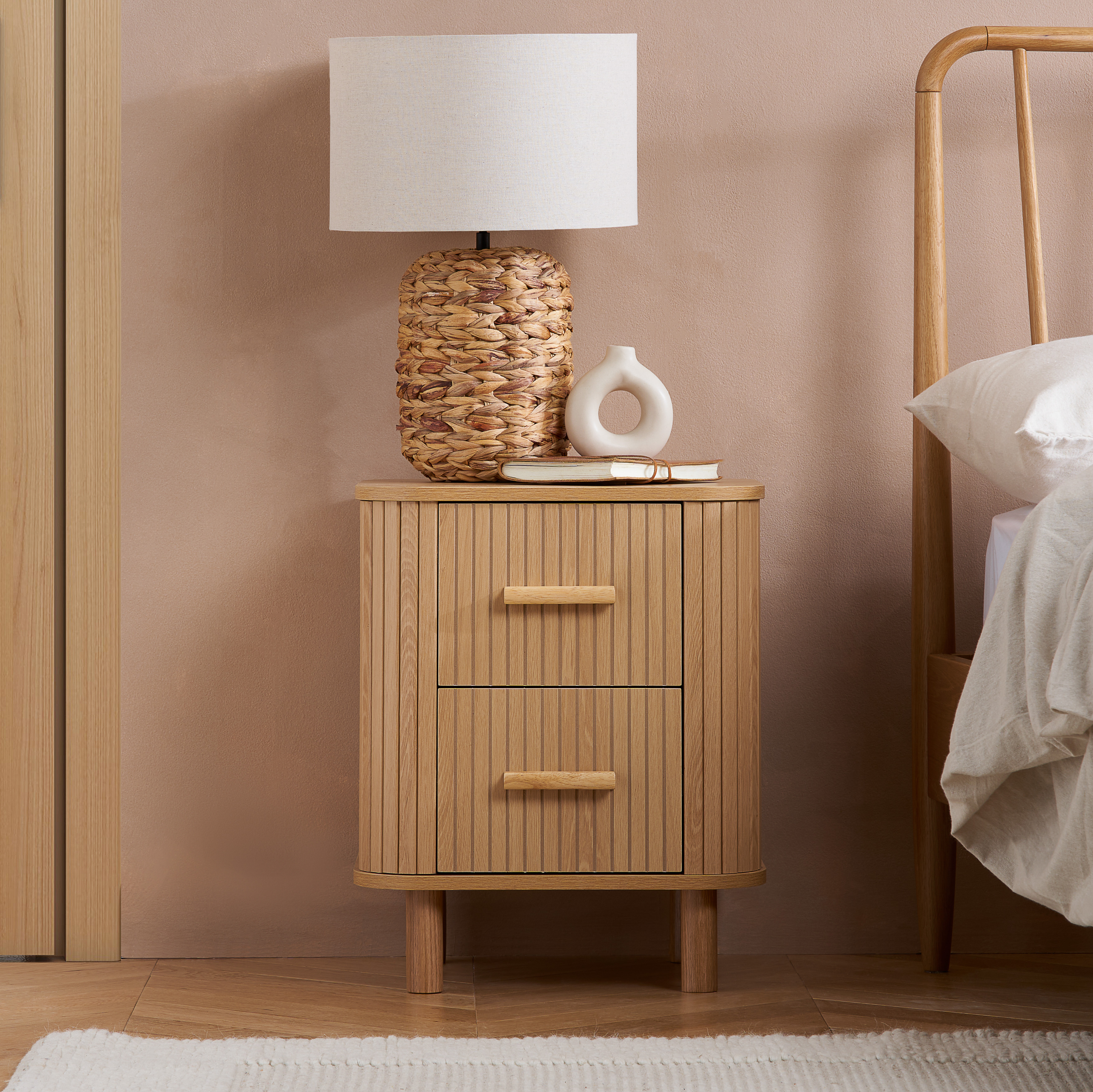 AUREN Fluted 2 Drawer Bedside Table - Oak - Birlea Essentials