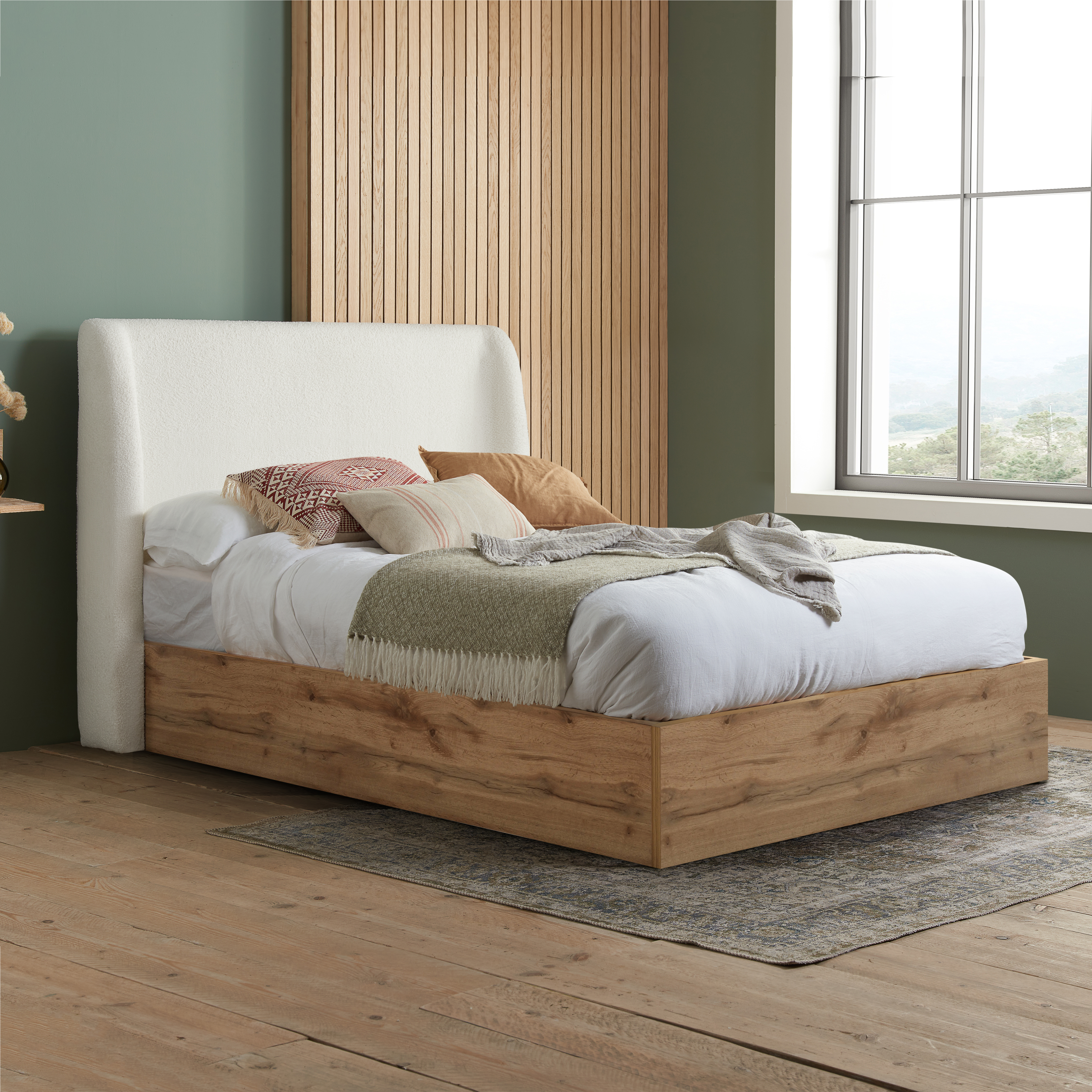 THALDEN Double Wooden Ottoman Storage Bedframe - Light Oak with White - Birlea Essentials