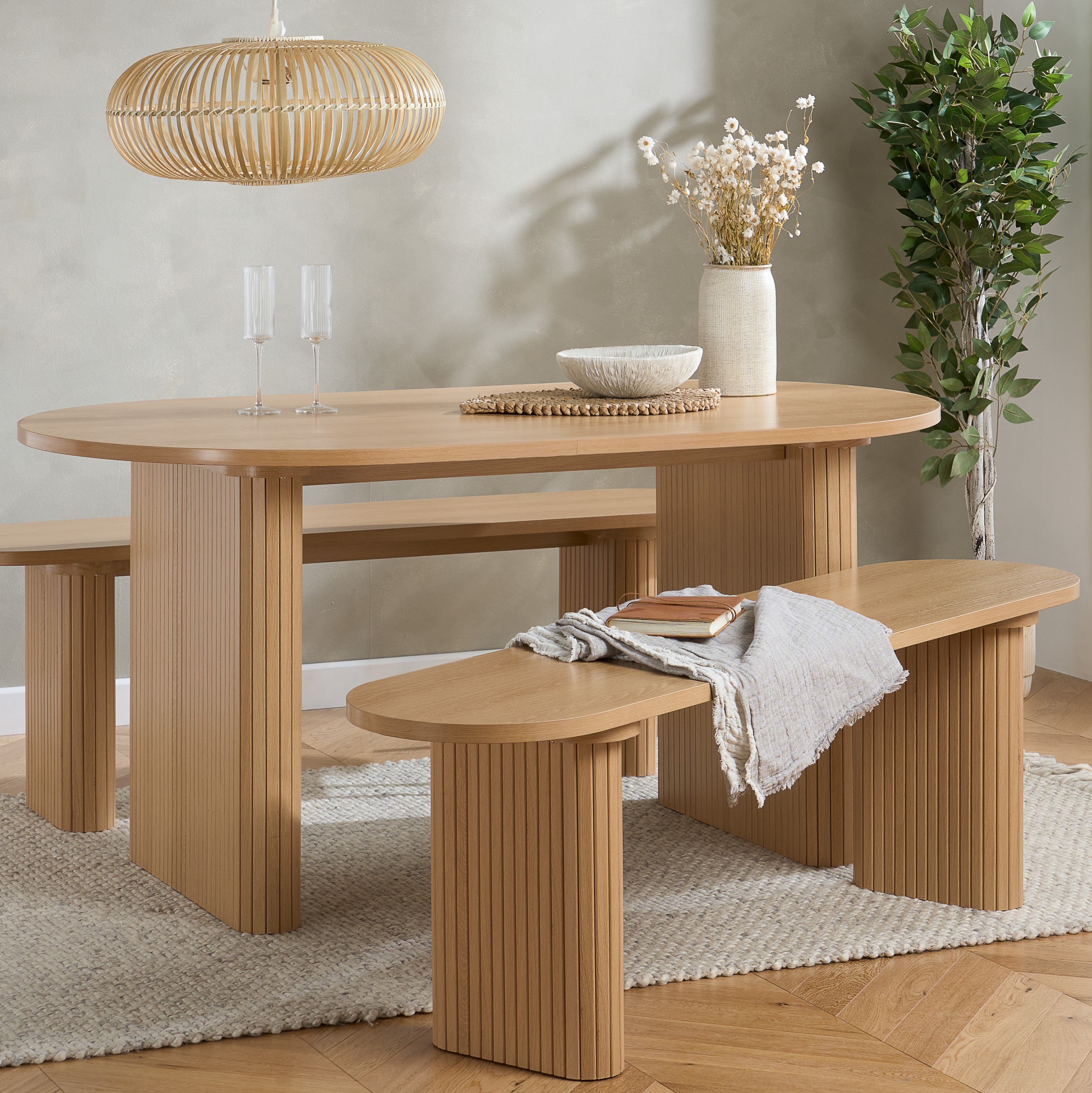 AUREN Fluted Oval Dining Table with 2 Benches - Oak - Birlea Essentials