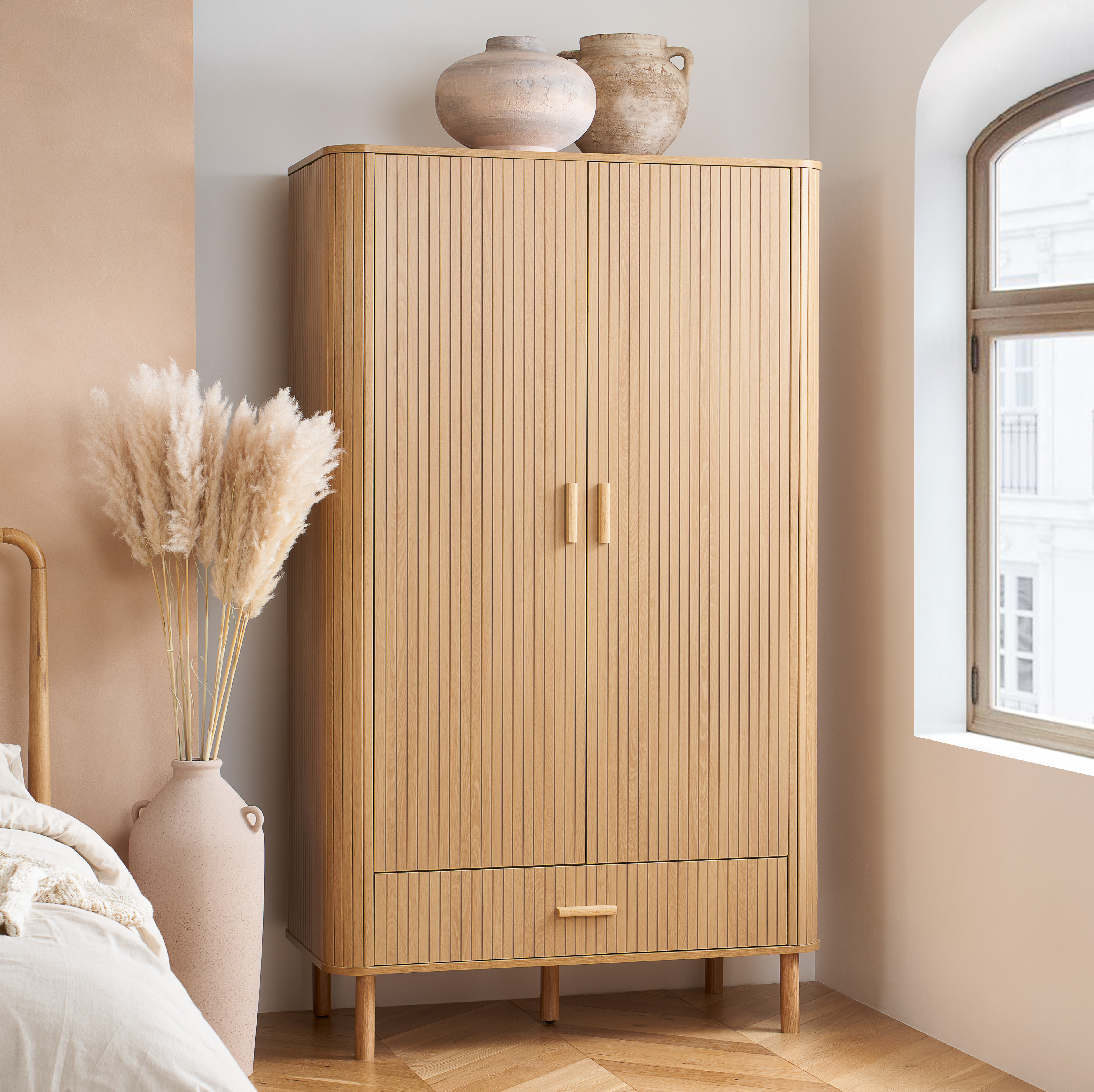 AUREN 2 Door 1 Drawer Wardrobe Light Oak - 105cm - Birlea Essentials