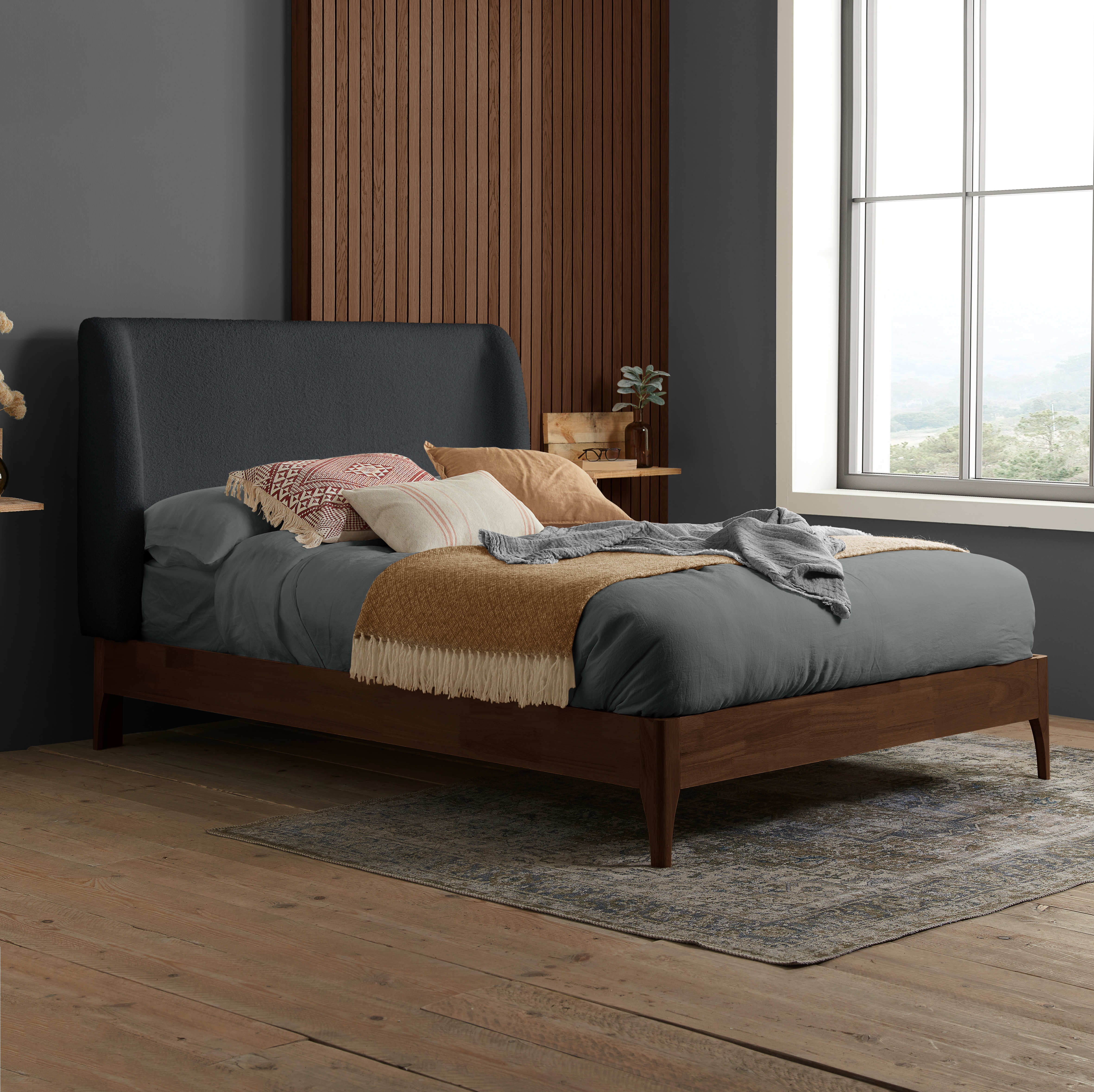 THALDEN Double Wooden Bedframe - Dark Oak with Grey - Birlea Essentials