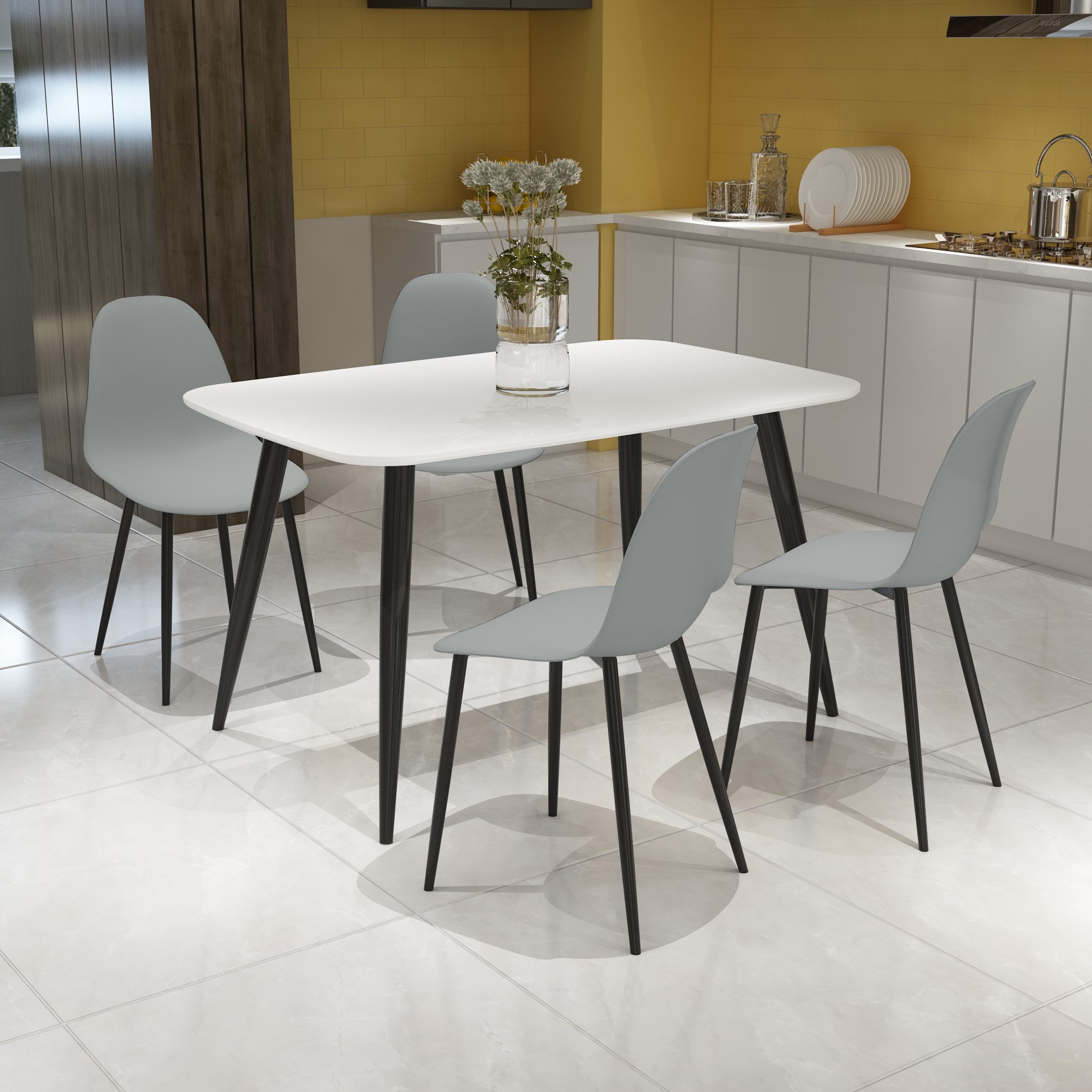 NEXO Rectangular Dining Table with 4 Curve Plastic Chairs - White with Grey - Colton & Sawyer