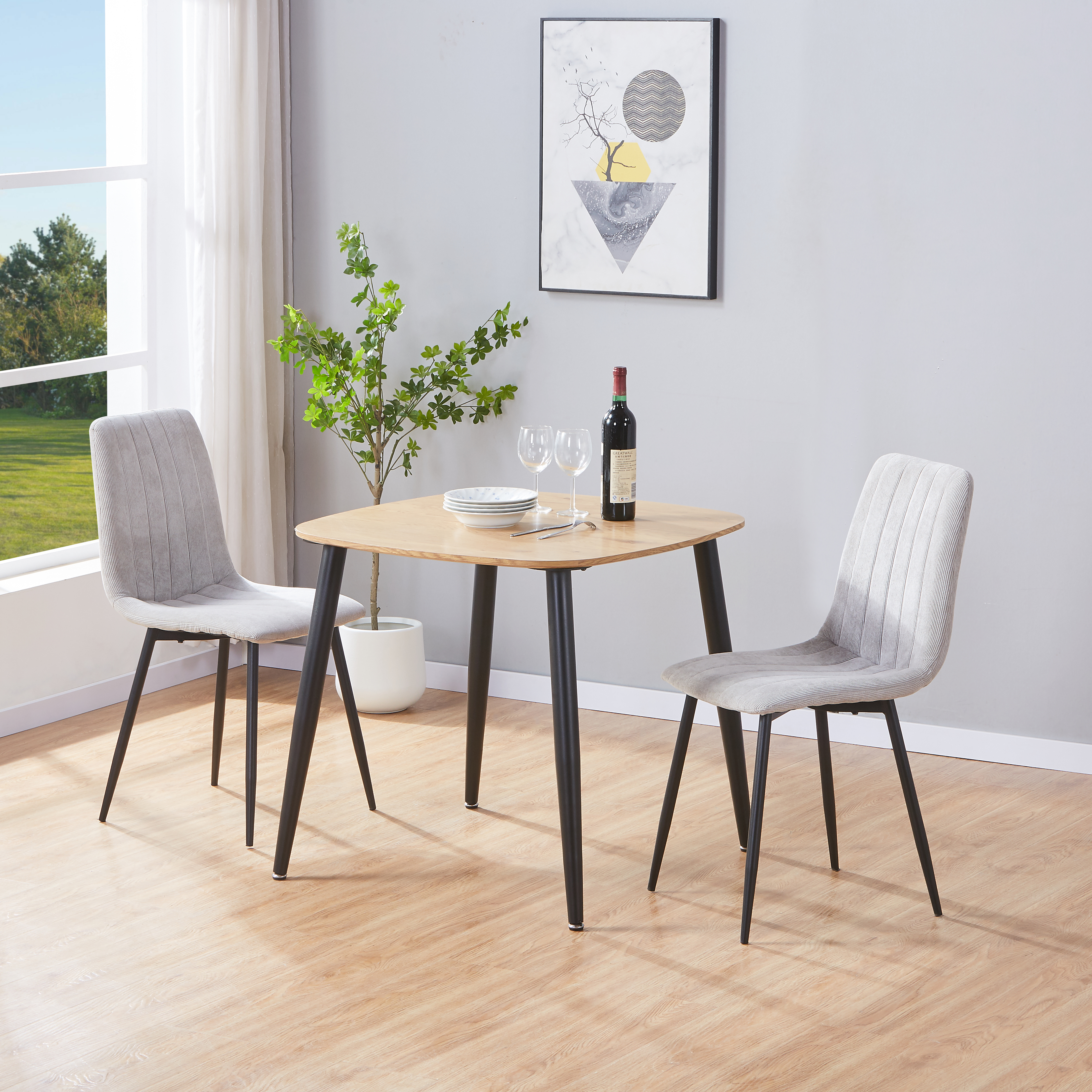 NEXO Square Dining Table with 2 Cord Straight Stitch Fabric Chairs - Light Oak with Light Grey - Colton & Sawyer