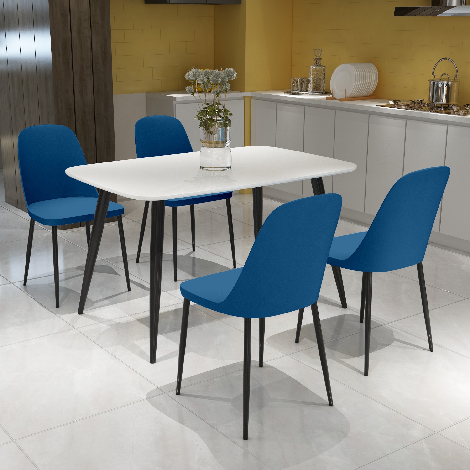 NEXO Rectangular Dining Table with 4 Duo Plastic Chairs - White with Blue - Colton & Sawyer