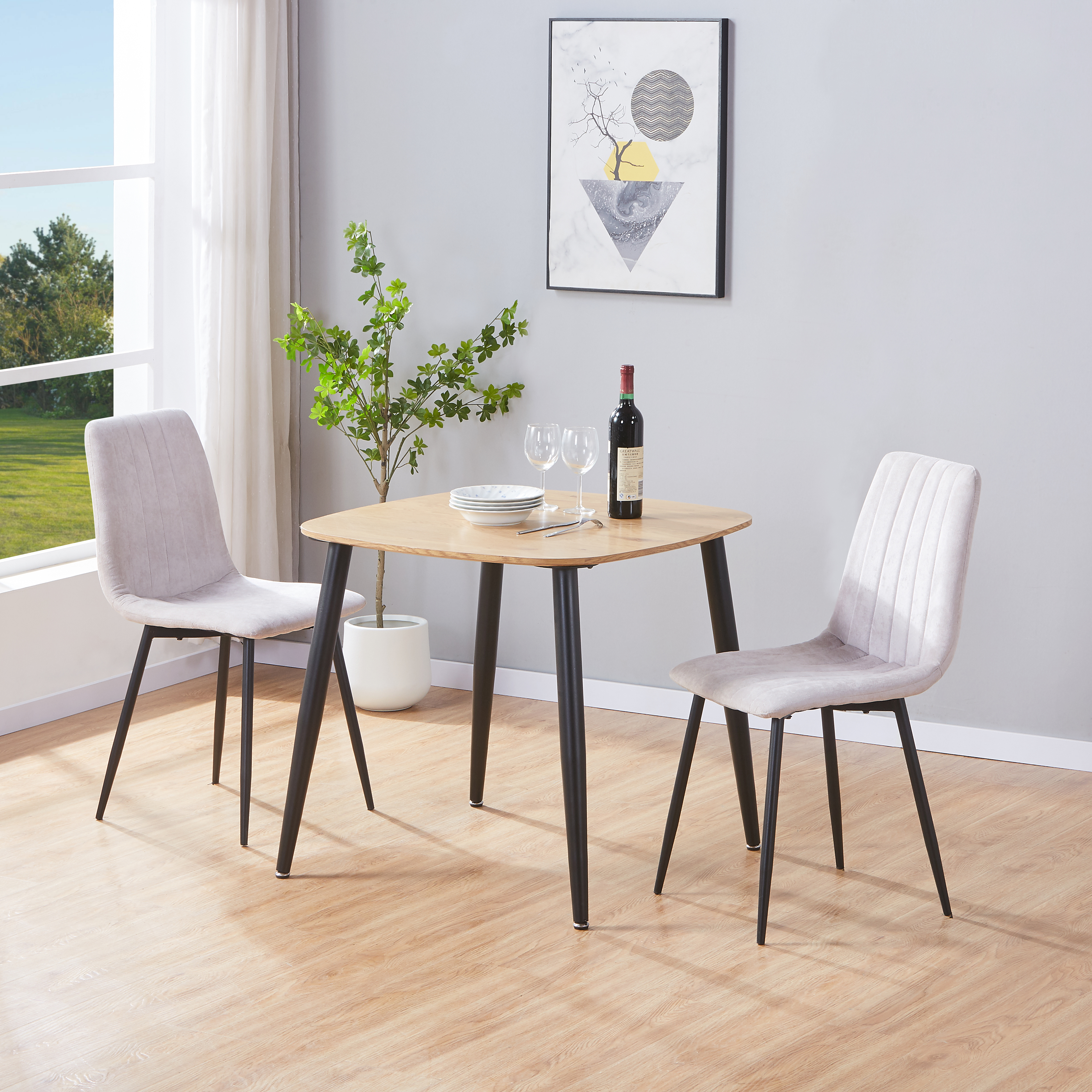 NEXO Square Dining Table with 2 Straight Stitch Fabric Chairs - Light Oak with Natural - Colton & Sawyer