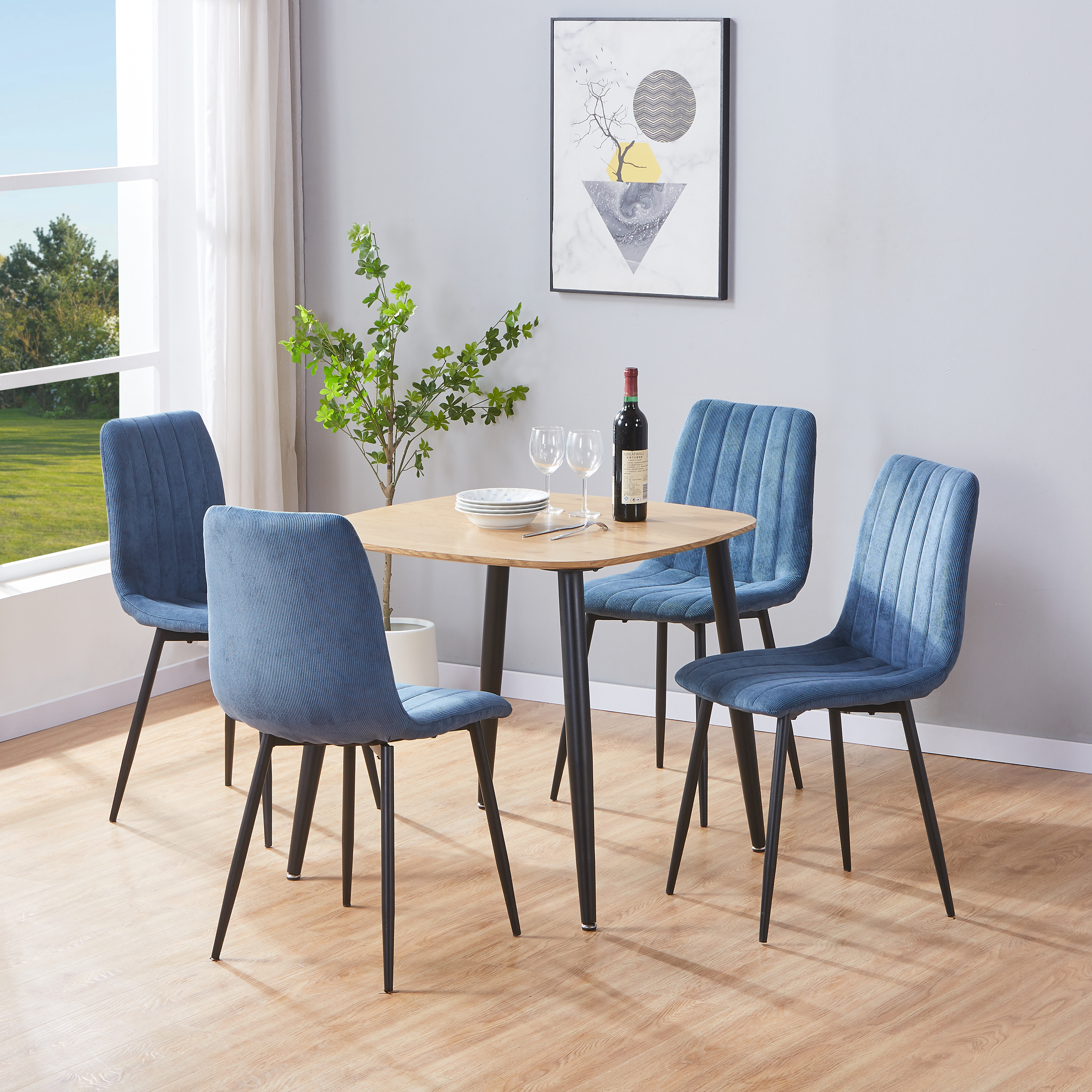 NEXO Square Dining Table with 4 Straight Stitch Fabric Chairs - Light Oak with Blue - Colton & Sawyer