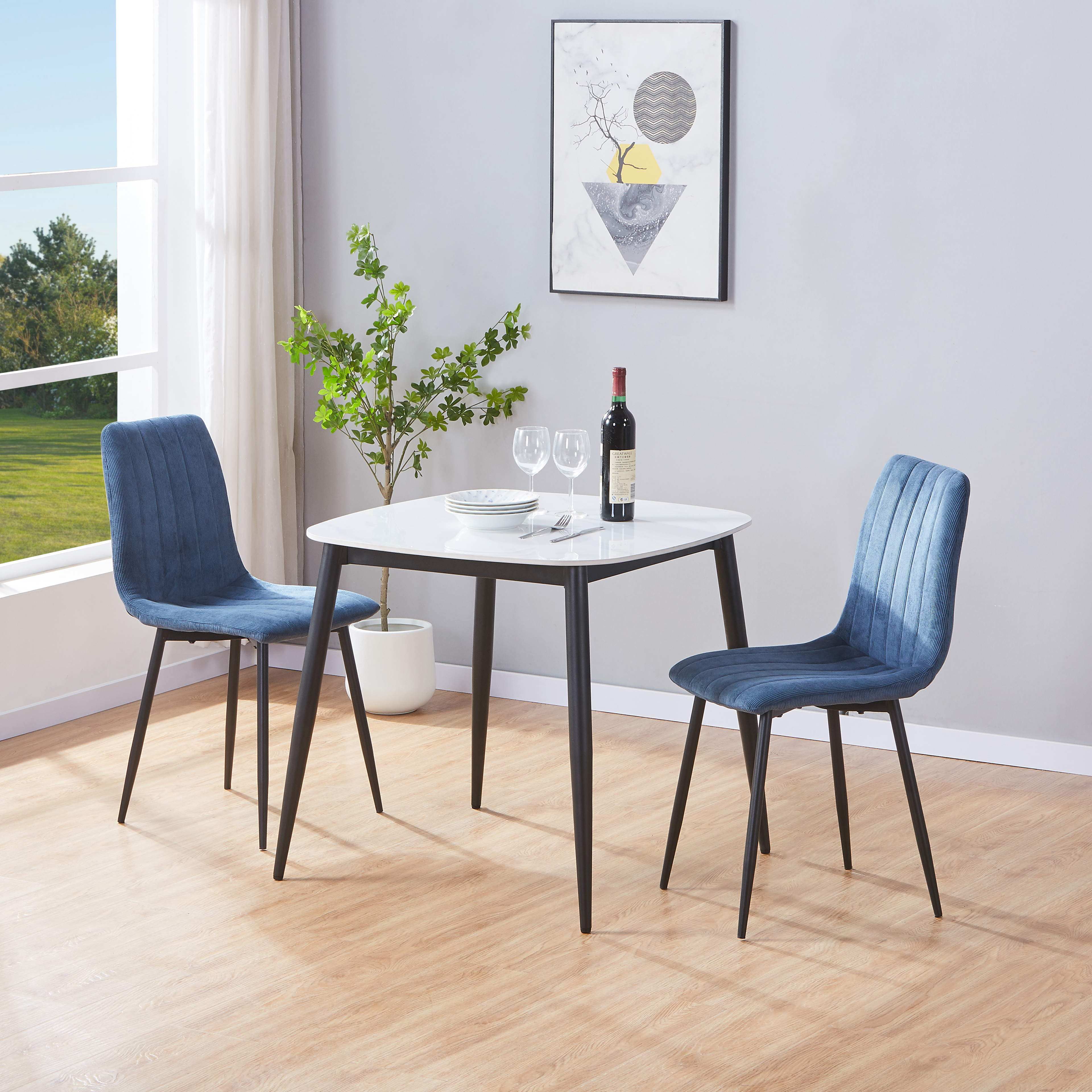 NEXO Sintered Stone Square Dining Table with 2 Cord Straight Stitch Fabric Chairs - Gloss White with Blue - Colton & Sawyer
