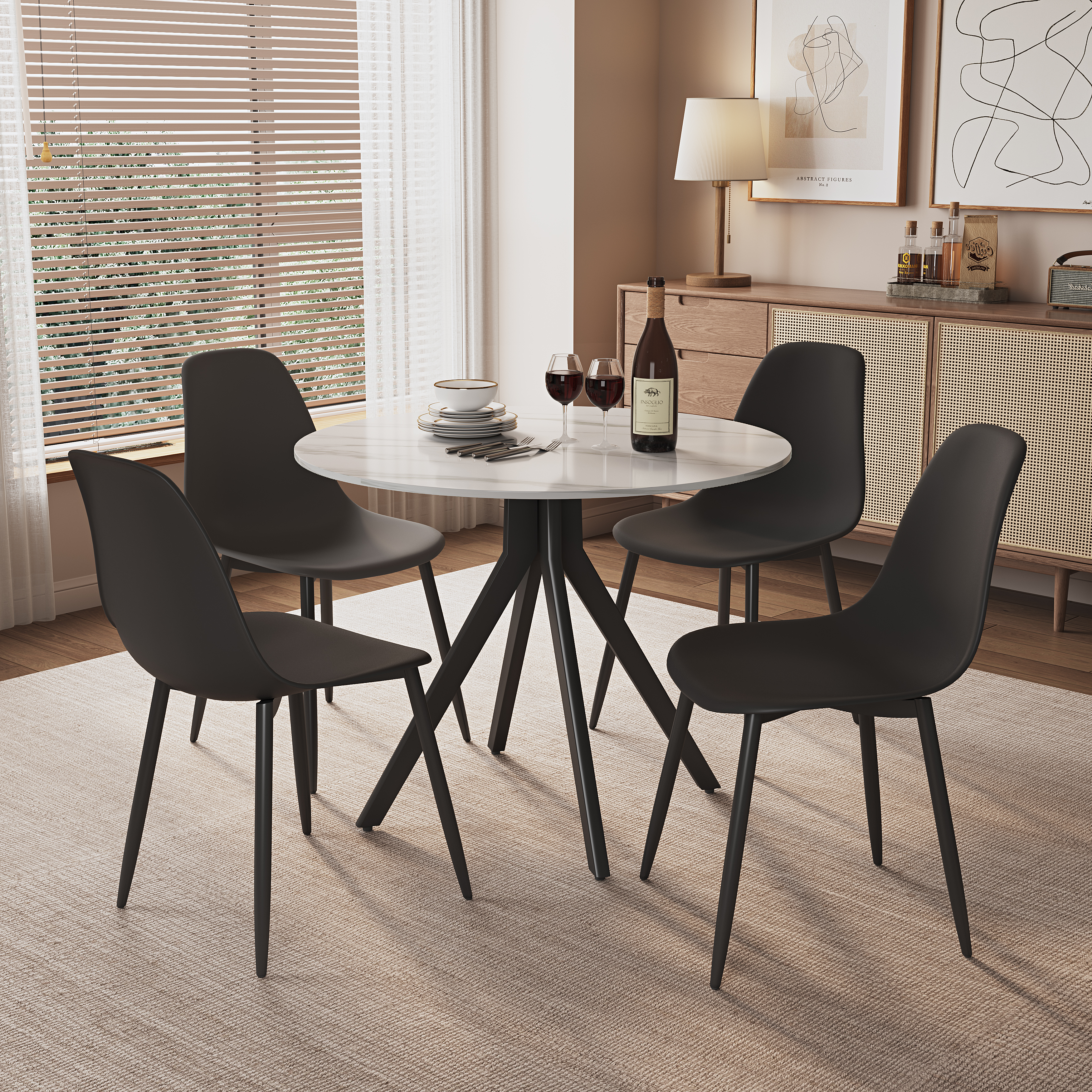 NEXO Sintered Stone Round Dining Table with 4 Curve Plastic Chairs - Gloss White with Black - Colton & Sawyer