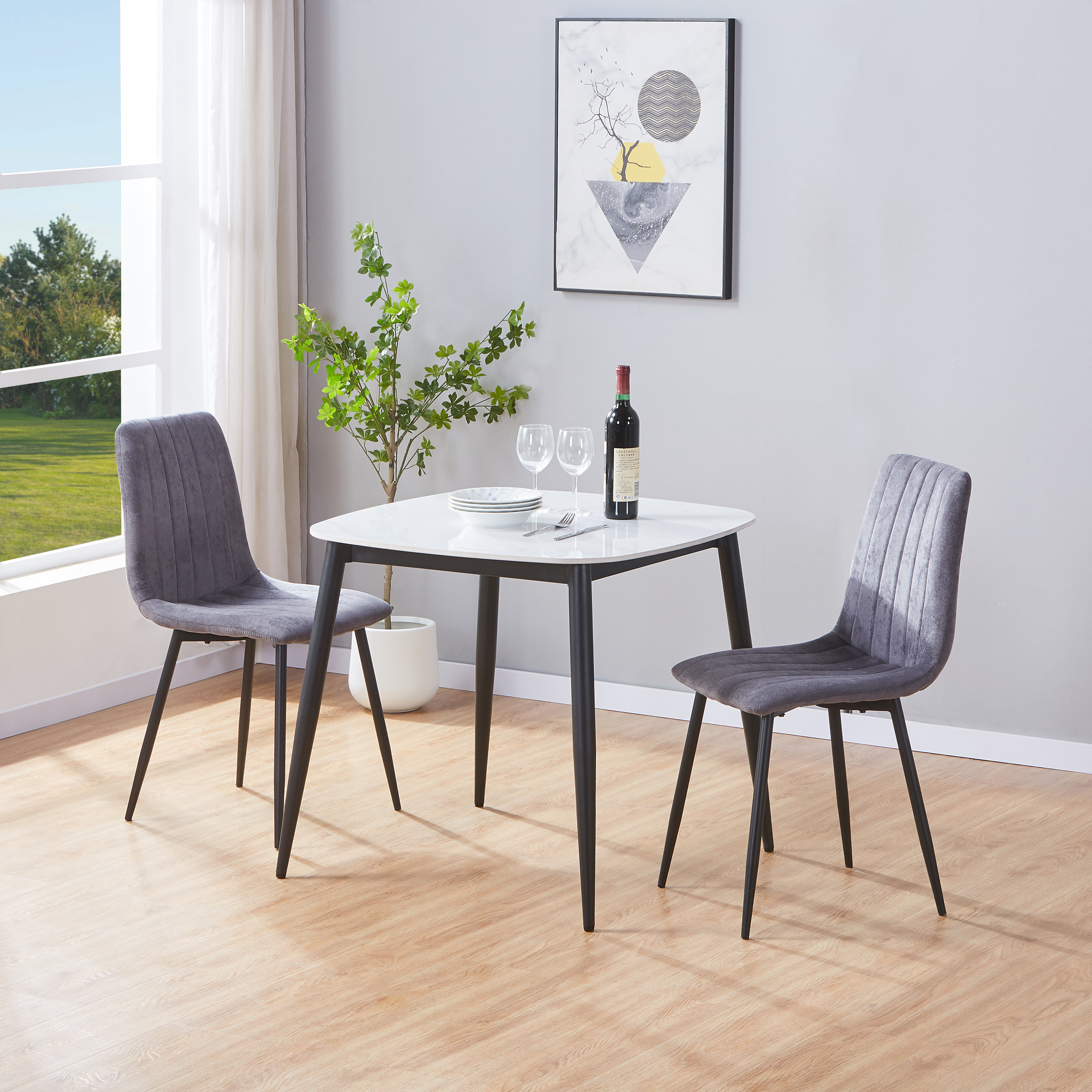 NEXO Sintered Stone Square Dining Table with 2 Straight Stitch Fabric Chairs - Gloss White with Grey - Colton & Sawyer