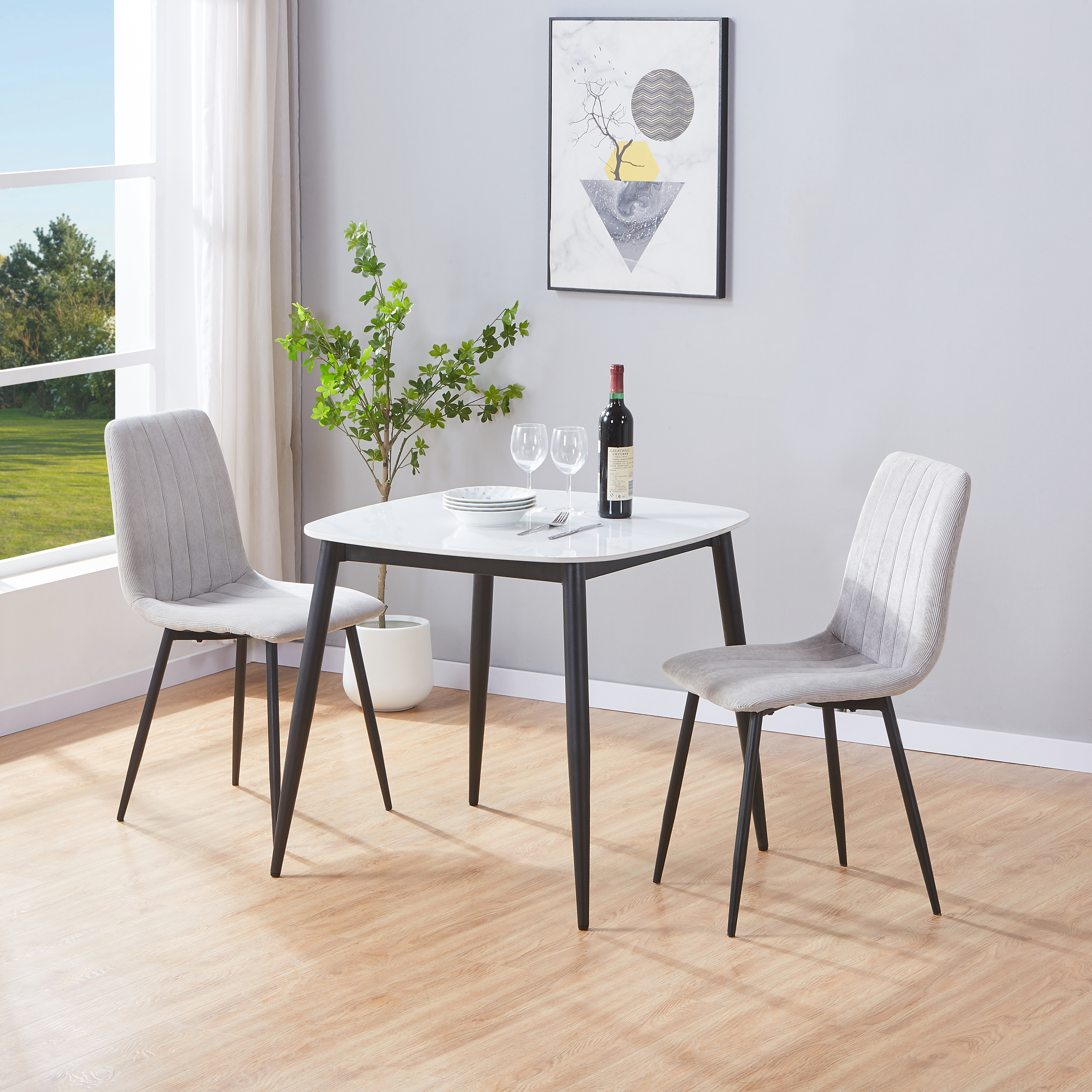 NEXO Sintered Stone Square Dining Table with 2 Cord Straight Stitch Fabric Chairs - Gloss White with Light Grey - Colton & Sawyer