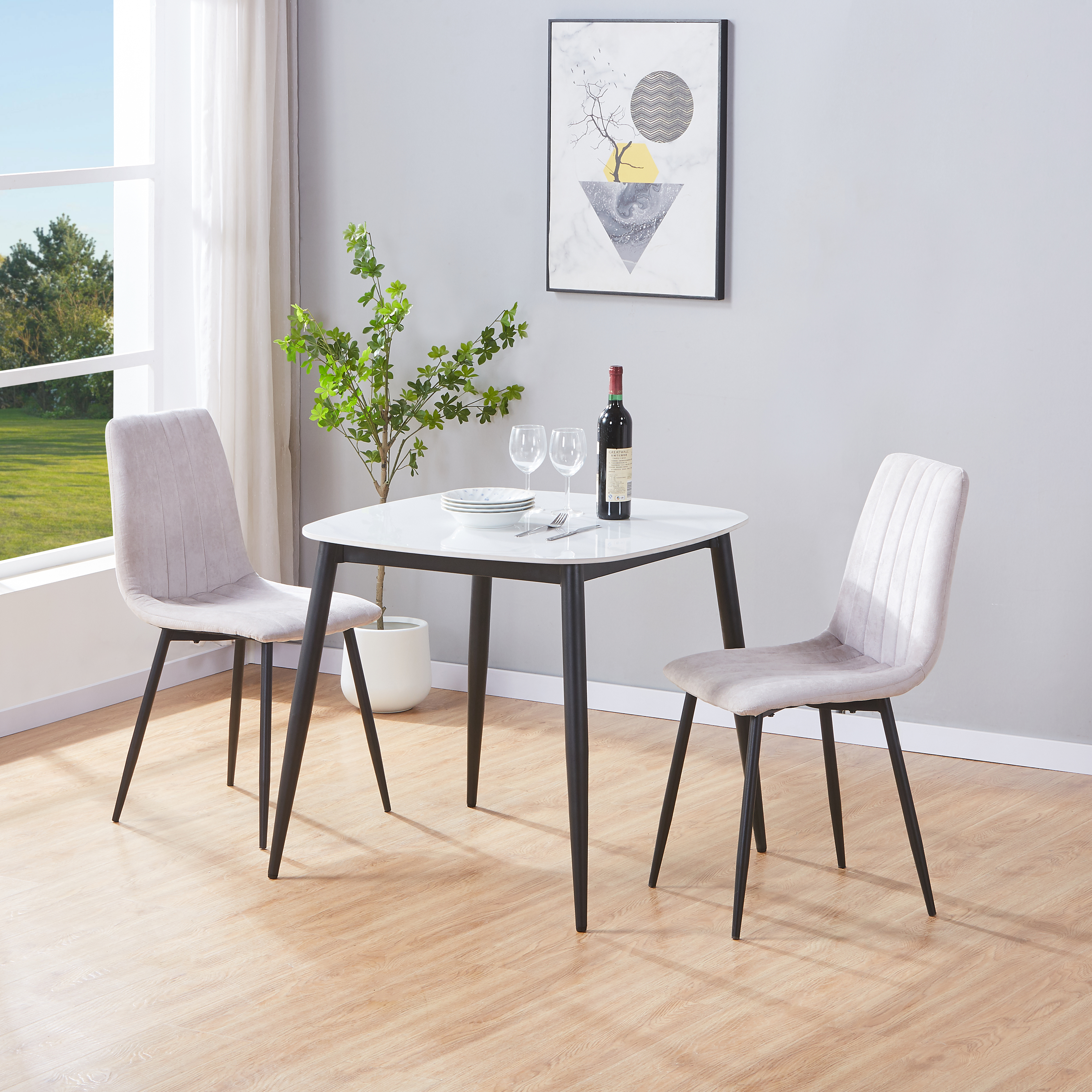 NEXO Sintered Stone Square Dining Table with 2 Straight Stitch Fabric Chairs - Gloss White with Natural - Colton & Sawyer