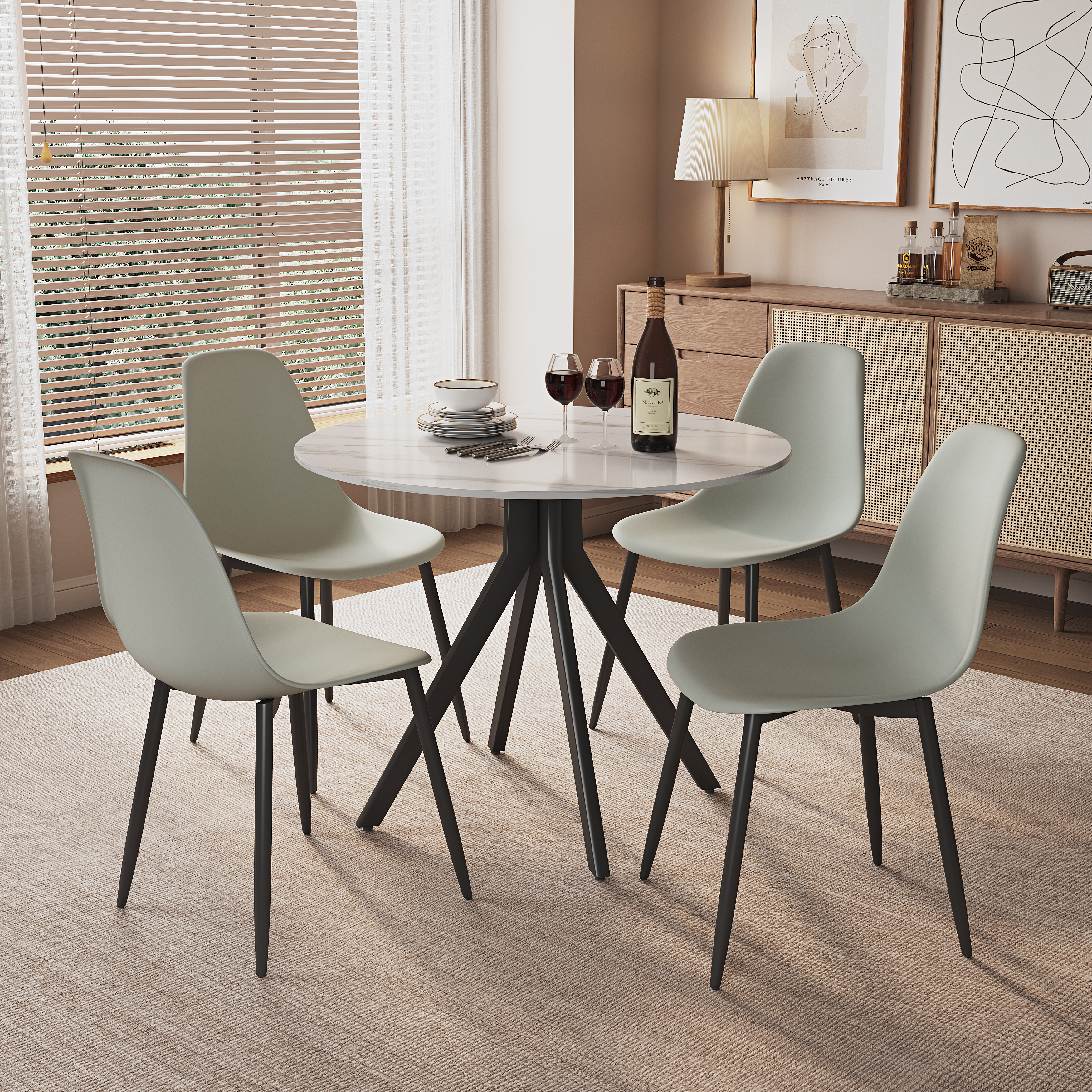 NEXO Sintered Stone Round Dining Table with 4 Chairs - Gloss White with Grey - Colton & Sawyer