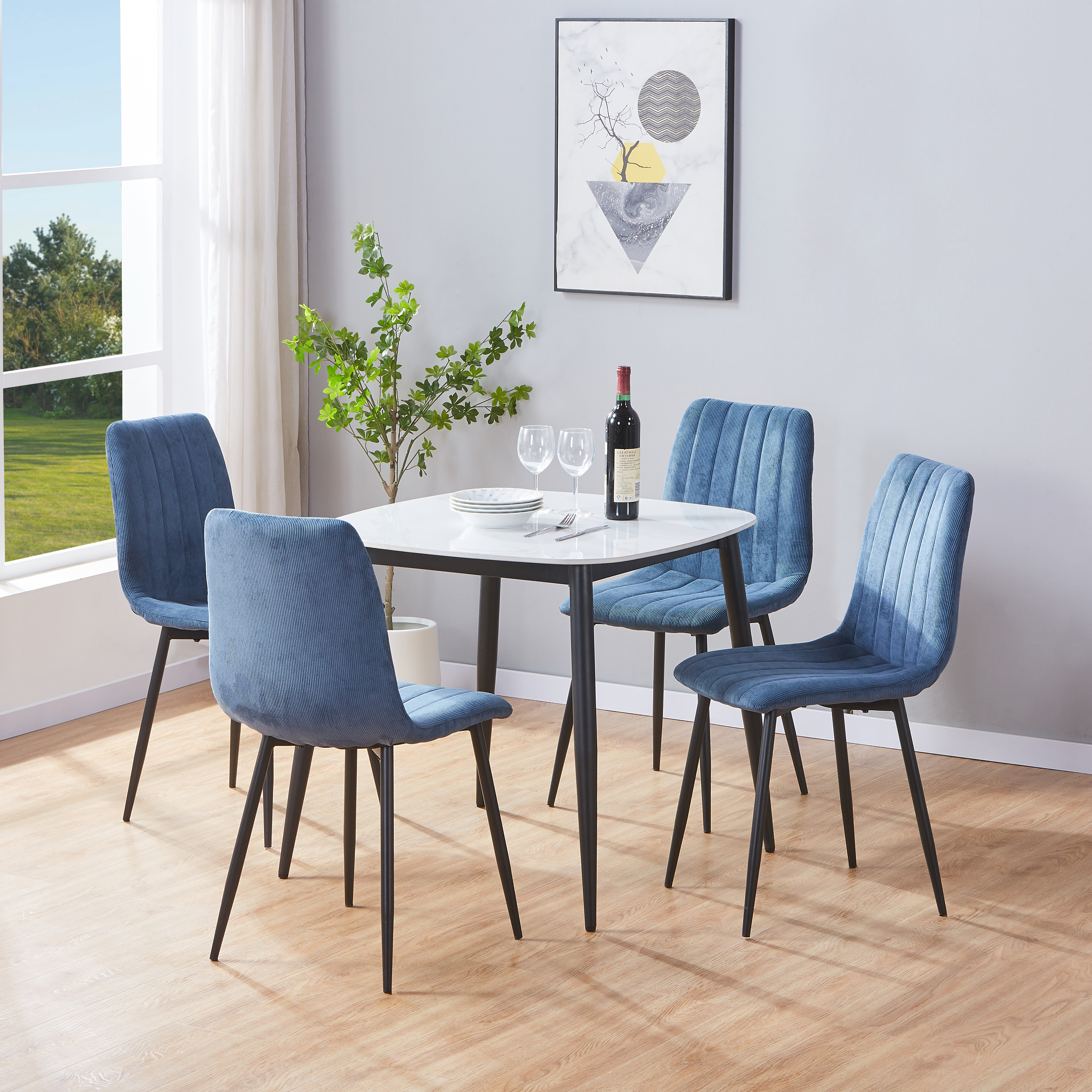 NEXO Sintered Stone Square Dining Table with 4 Cord Straight Stitch Fabric Chairs - Gloss White with Blue - Colton & Sawyer