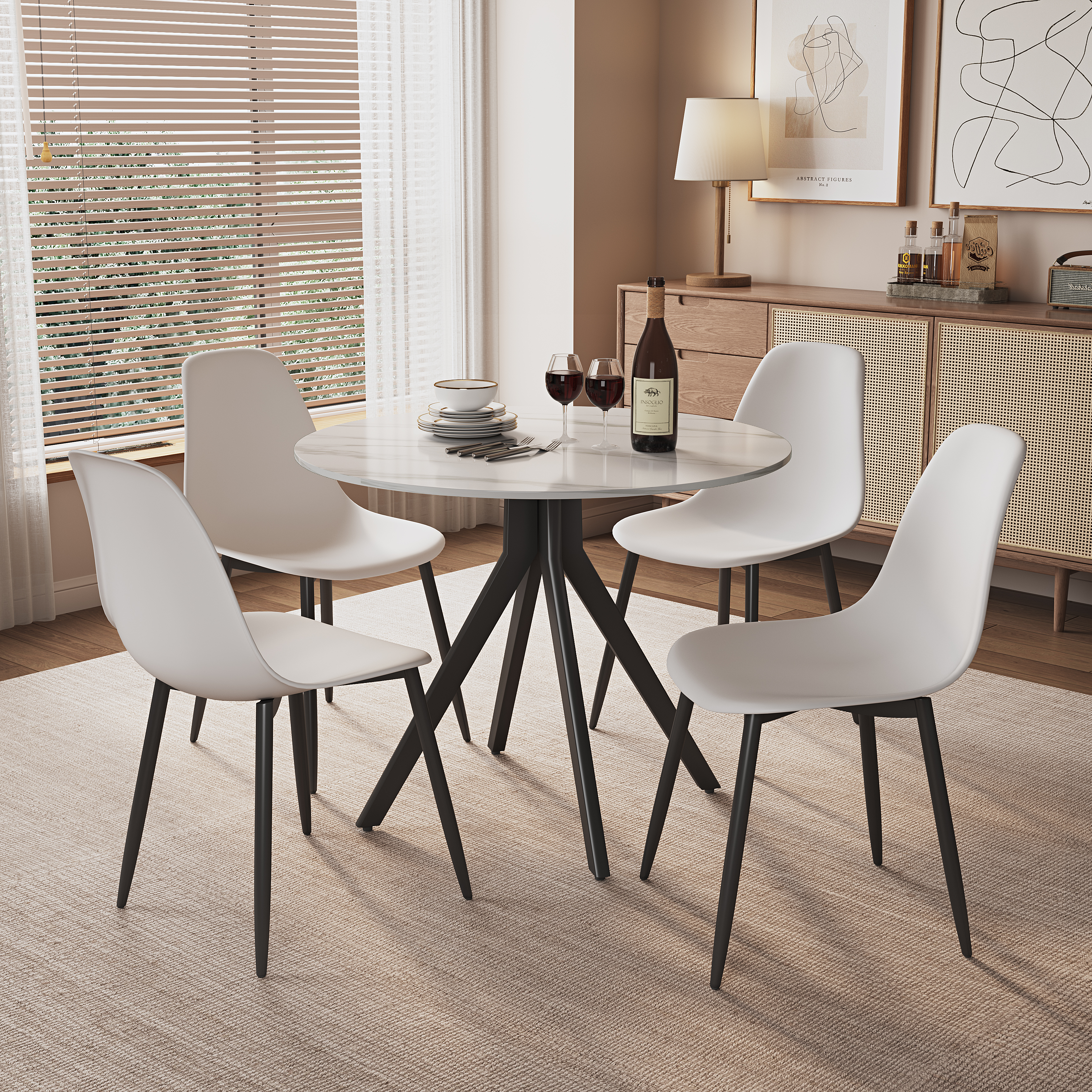 NEXO Sintered Stone Round Dining Table with 4 Curve Plastic Chairs - Gloss White with Gloss White - Colton & Sawyer