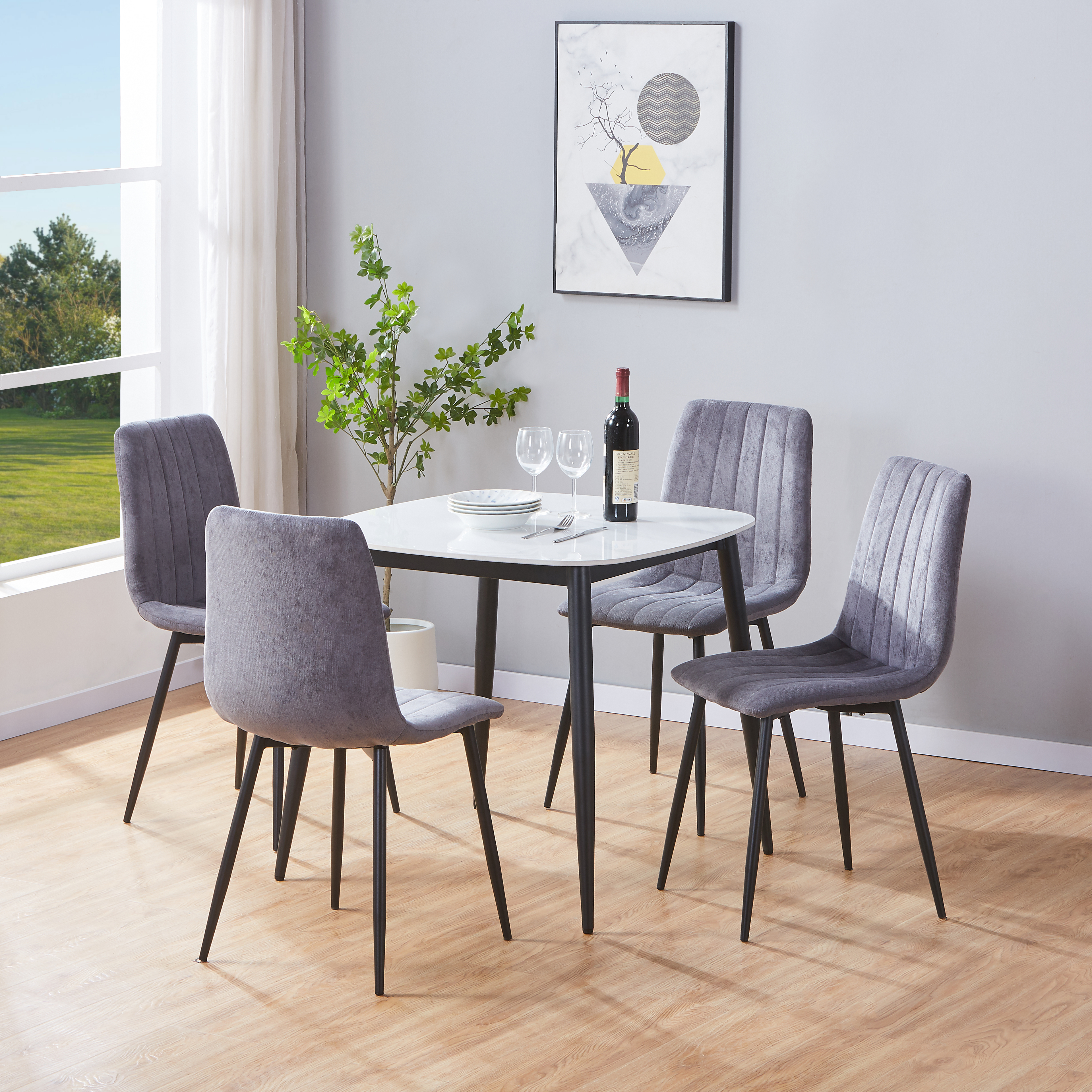 NEXO Sintered Stone Square Dining Table with 4 Straight Stitch Fabric Chairs - Gloss White with Grey - Colton & Sawyer