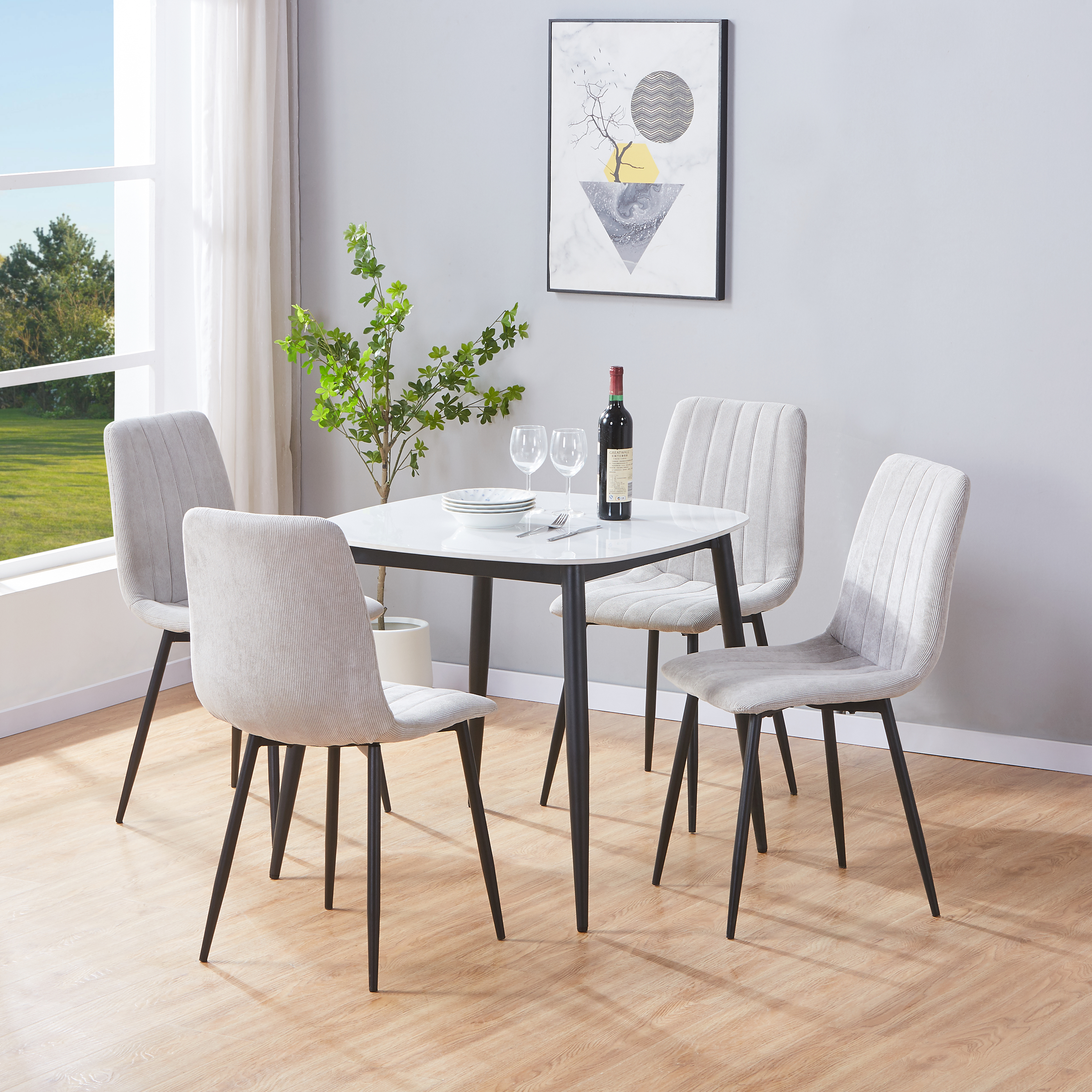 NEXO Sintered Stone Square Dining Table with 4 Cord Straight Stitch Fabric Chairs - Gloss White with Light Grey - Colton & Sawyer