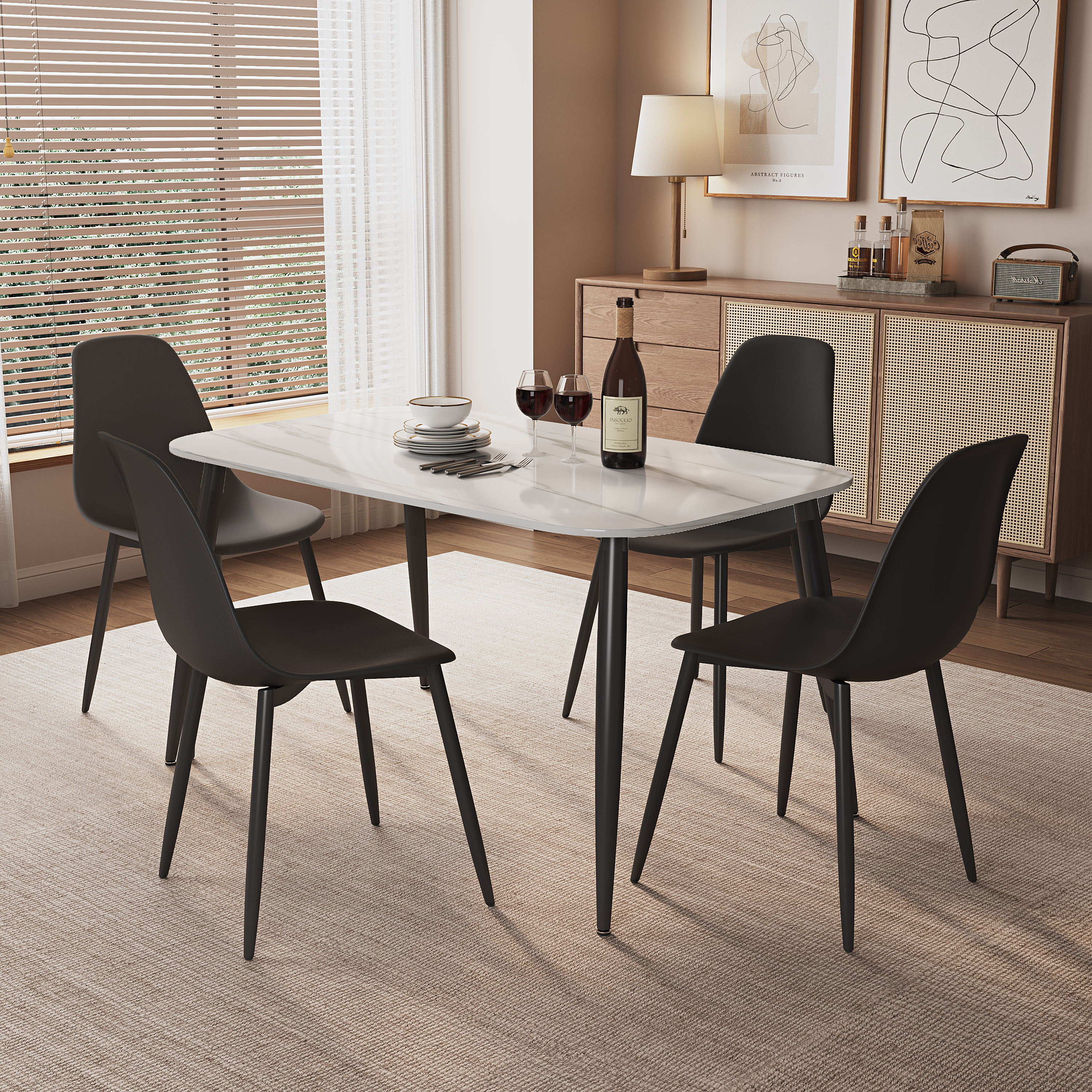 NEXO Sintered Stone Rectangular Dining Table with 4 Curve Plastic Chairs - Black - Colton & Sawyer