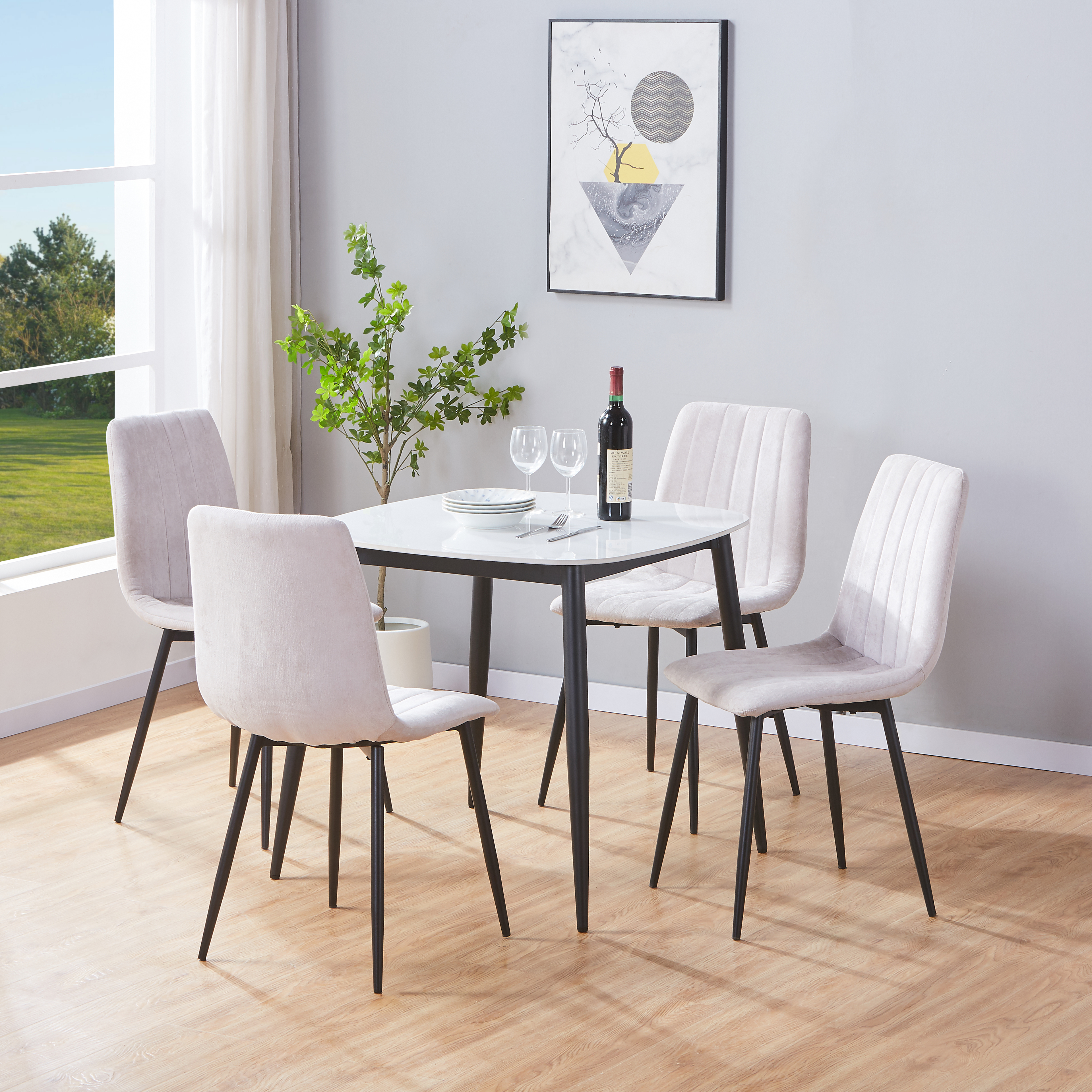 NEXO Sintered Stone Square Dining Table with 4 Straight Stitch Fabric Chairs - Gloss White with Natural - Colton & Sawyer
