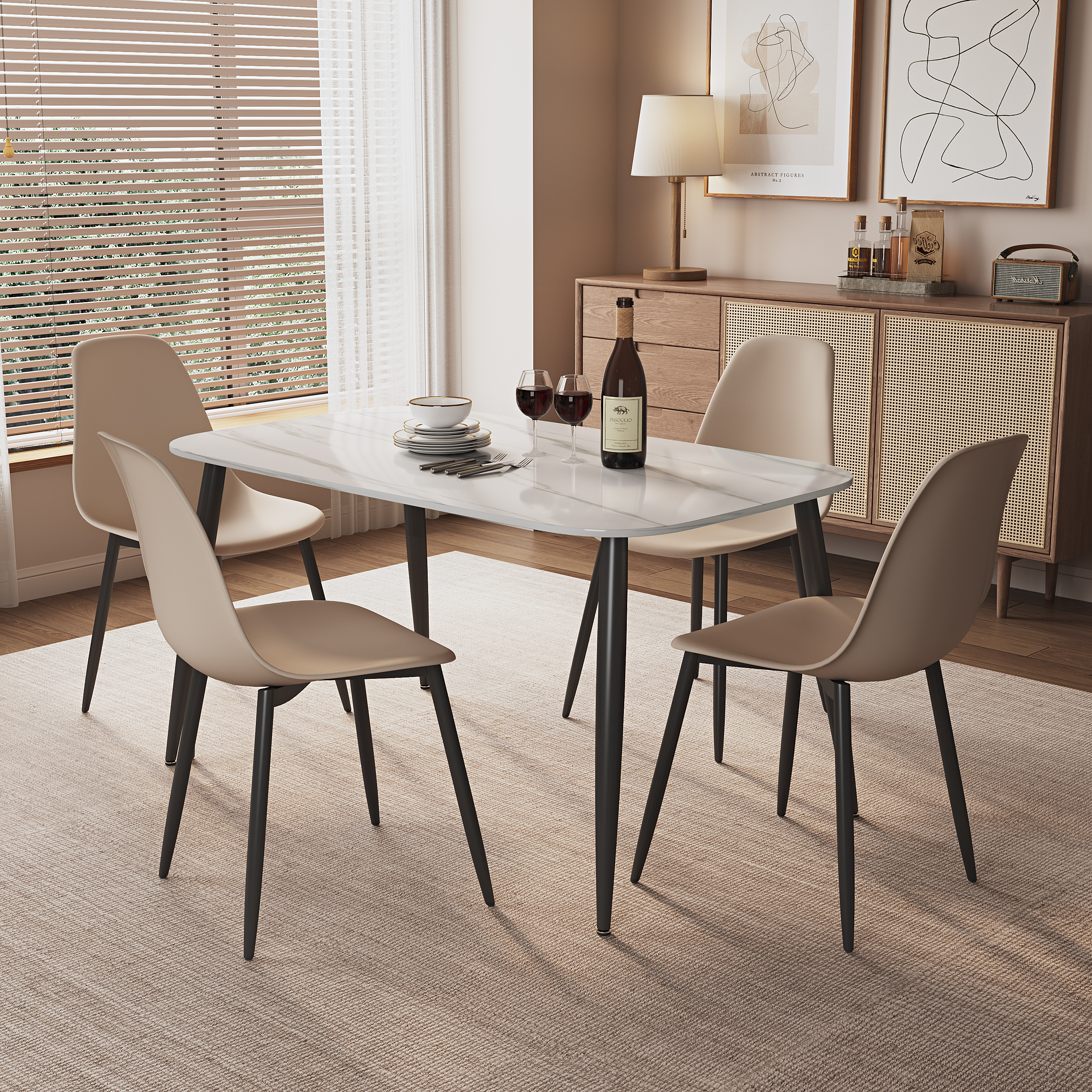 NEXO Sintered Stone Rectangular Dining Table with 4 Curve Plastic Chairs - Gloss White with Calico - Colton & Sawyer