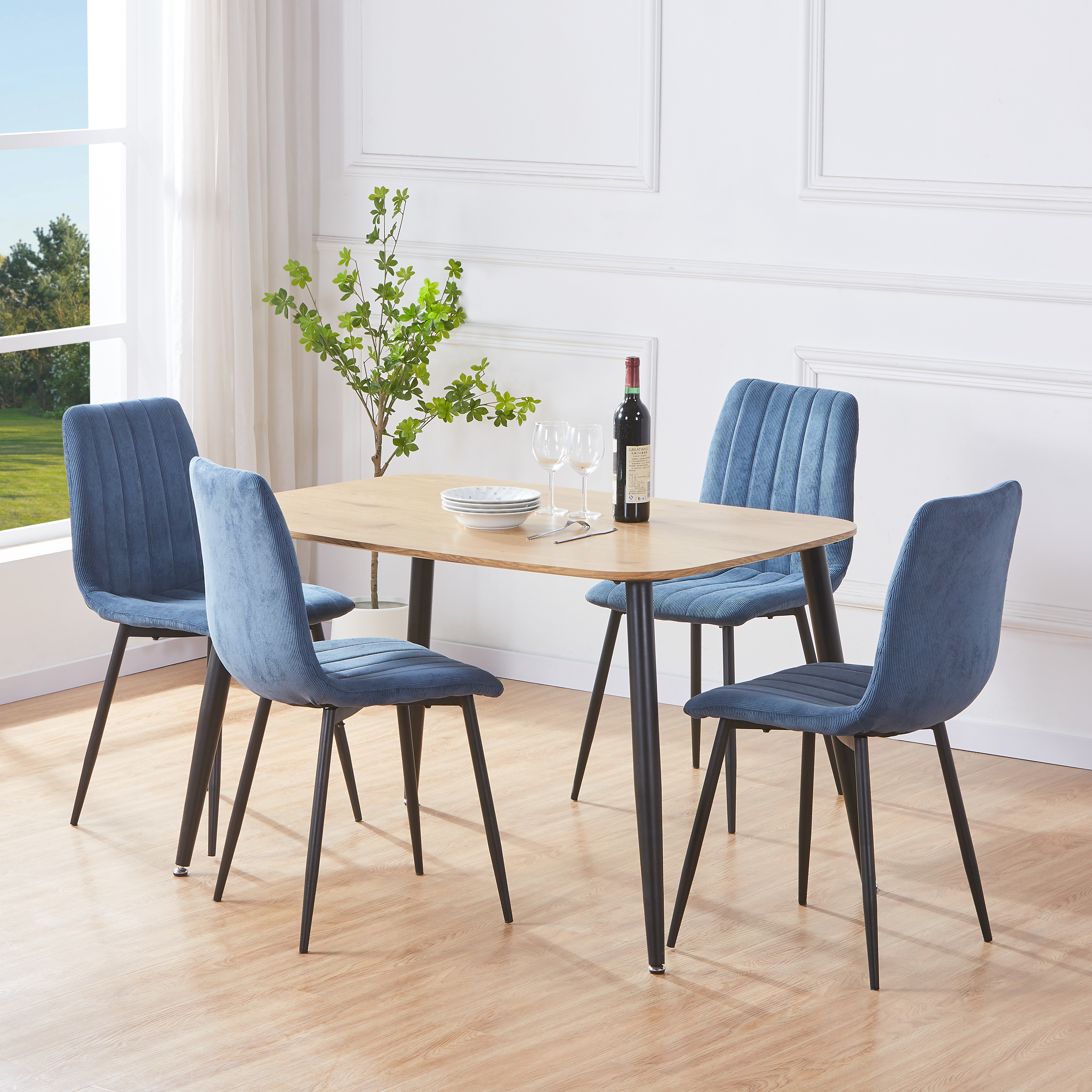 NEXO Rectangular Dining Table with 4 Straight Stitch Fabric Chairs - Light Oak with Blue - Colton & Sawyer