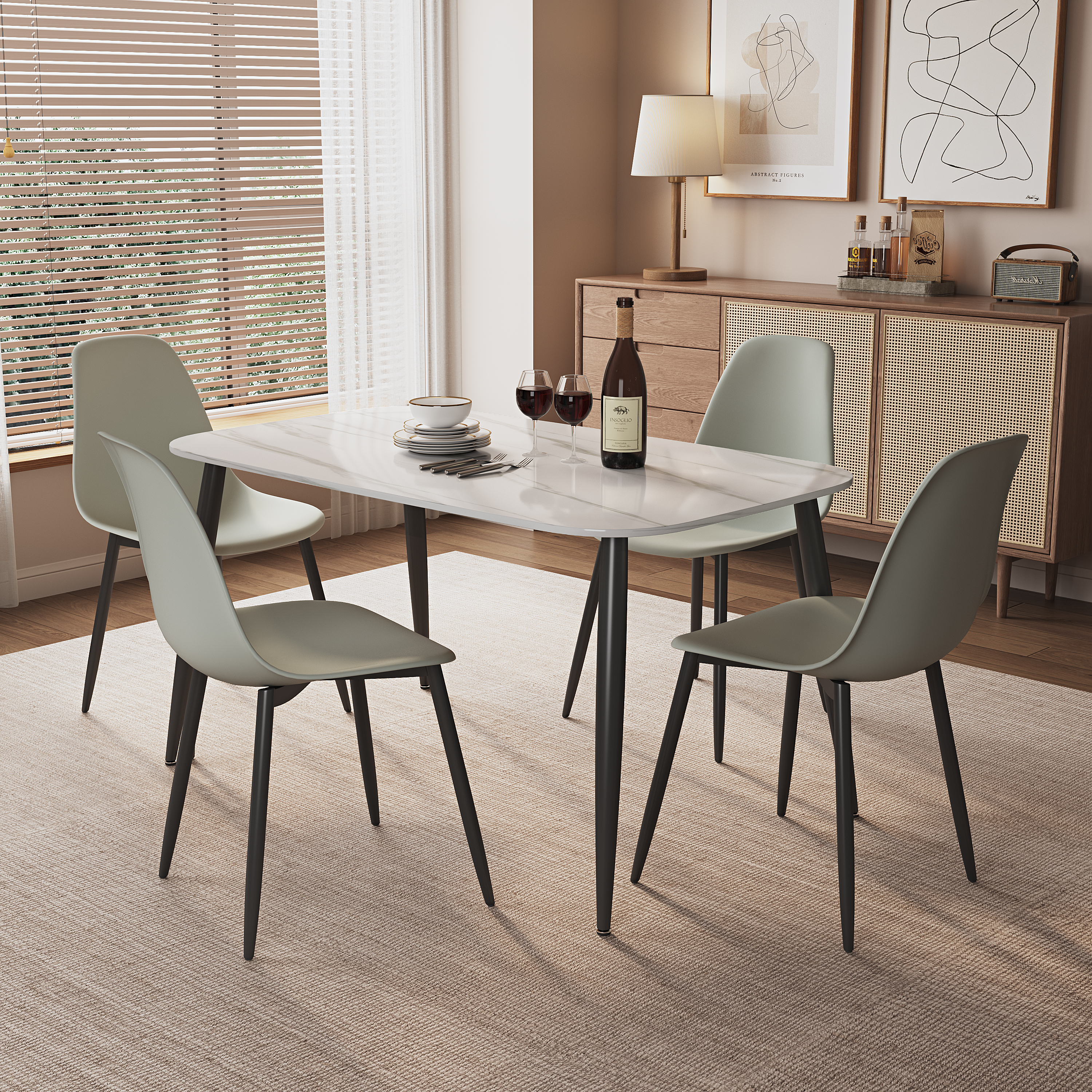 NEXO Sintered Stone Rectangular Dining Table with 4 Curve Chairs - Gloss White with Grey - Colton & Sawyer